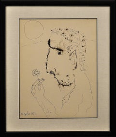 Portrait moderne britannique, milieu du 20e siècle, dessin original à l'encre. Le pouvoir des fleurs