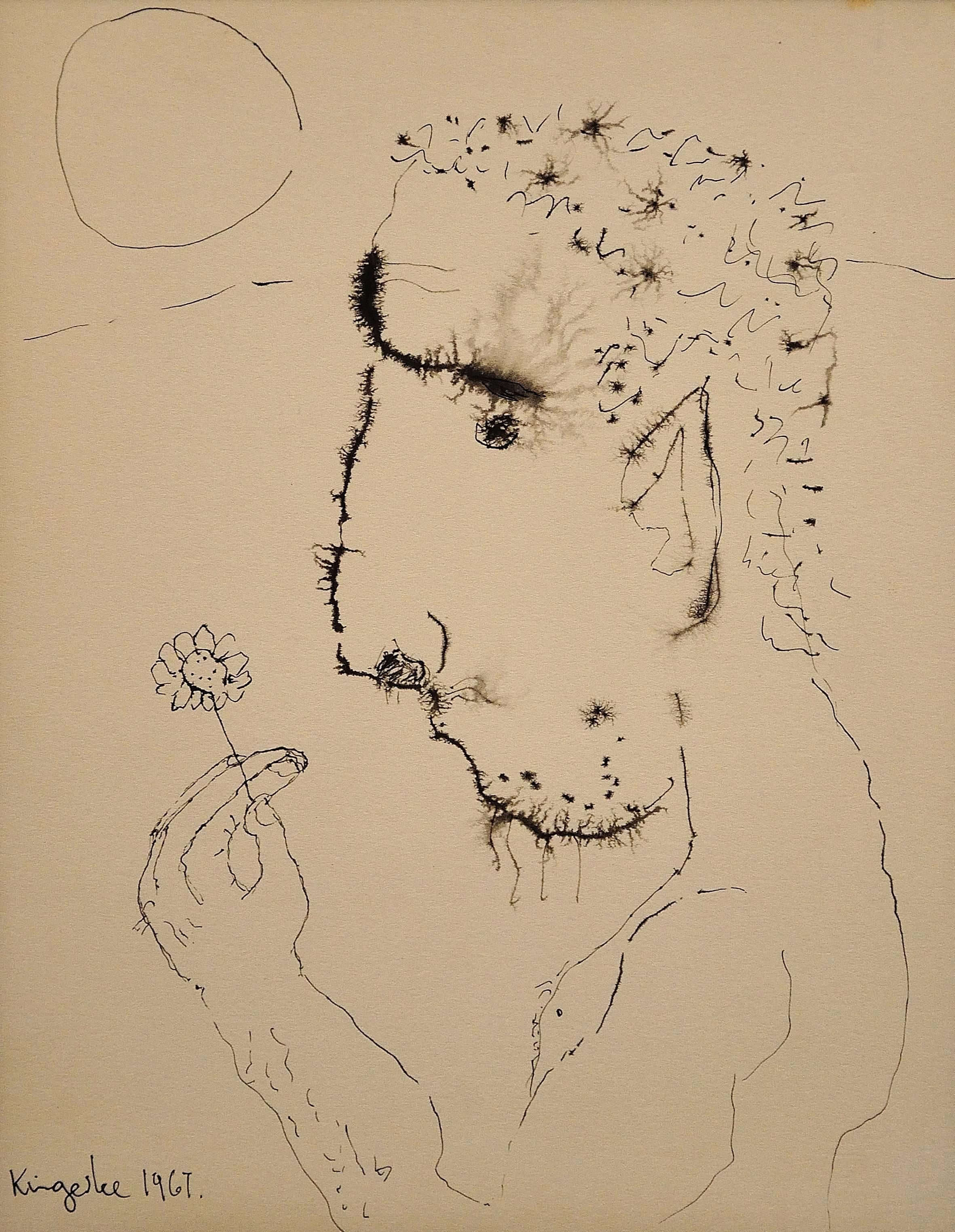Modernes britisches Porträt. Mitte des 20. Jahrhunderts. Original-Tinte-Zeichnung. Flower Power – Art von John Kingerlee