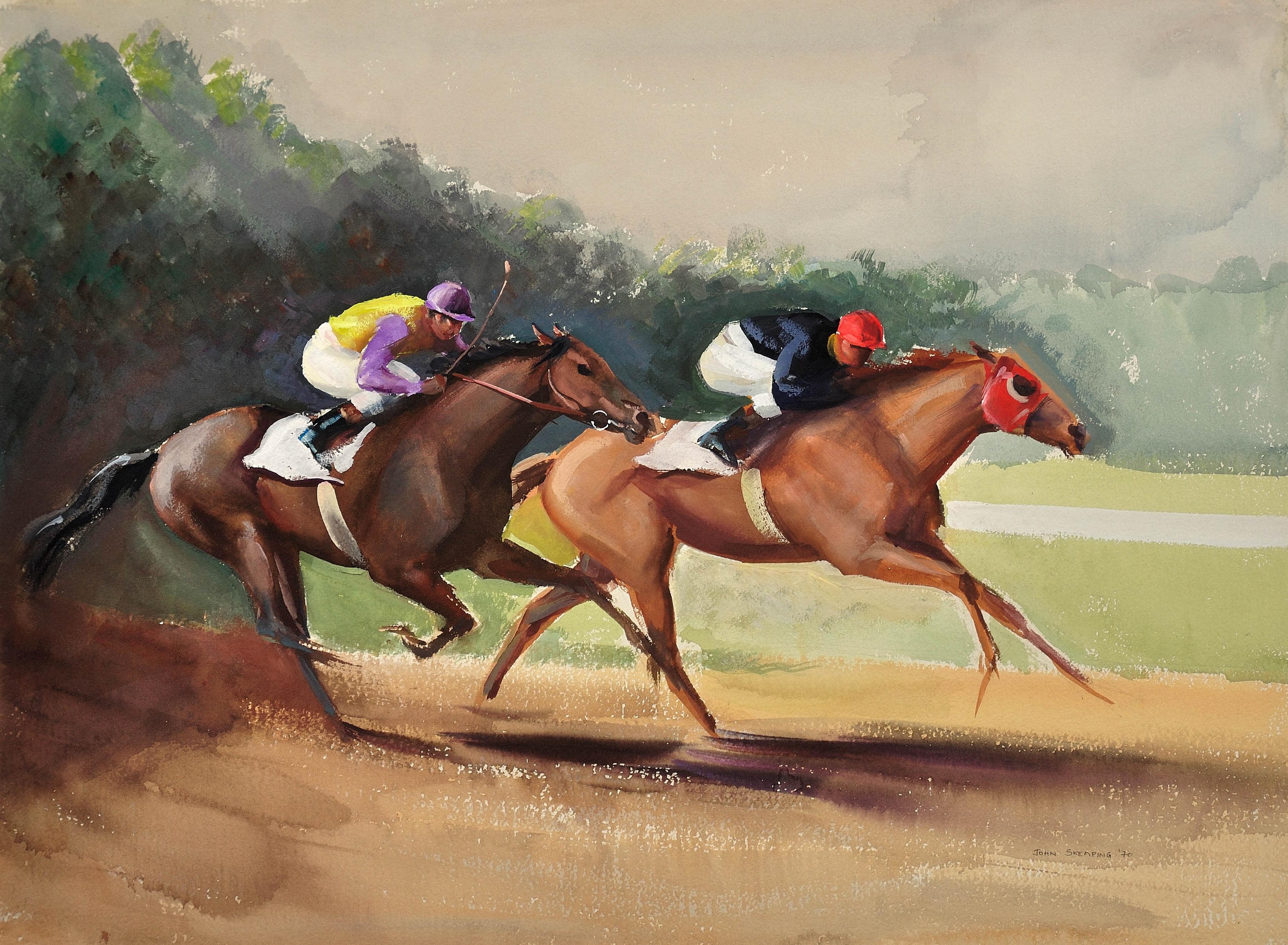 A Tight Finish. 1970.Race Horses. Final Furlong. Equine.Jockeys.Horse Racing. - Art by John Rattenbury Skeaping