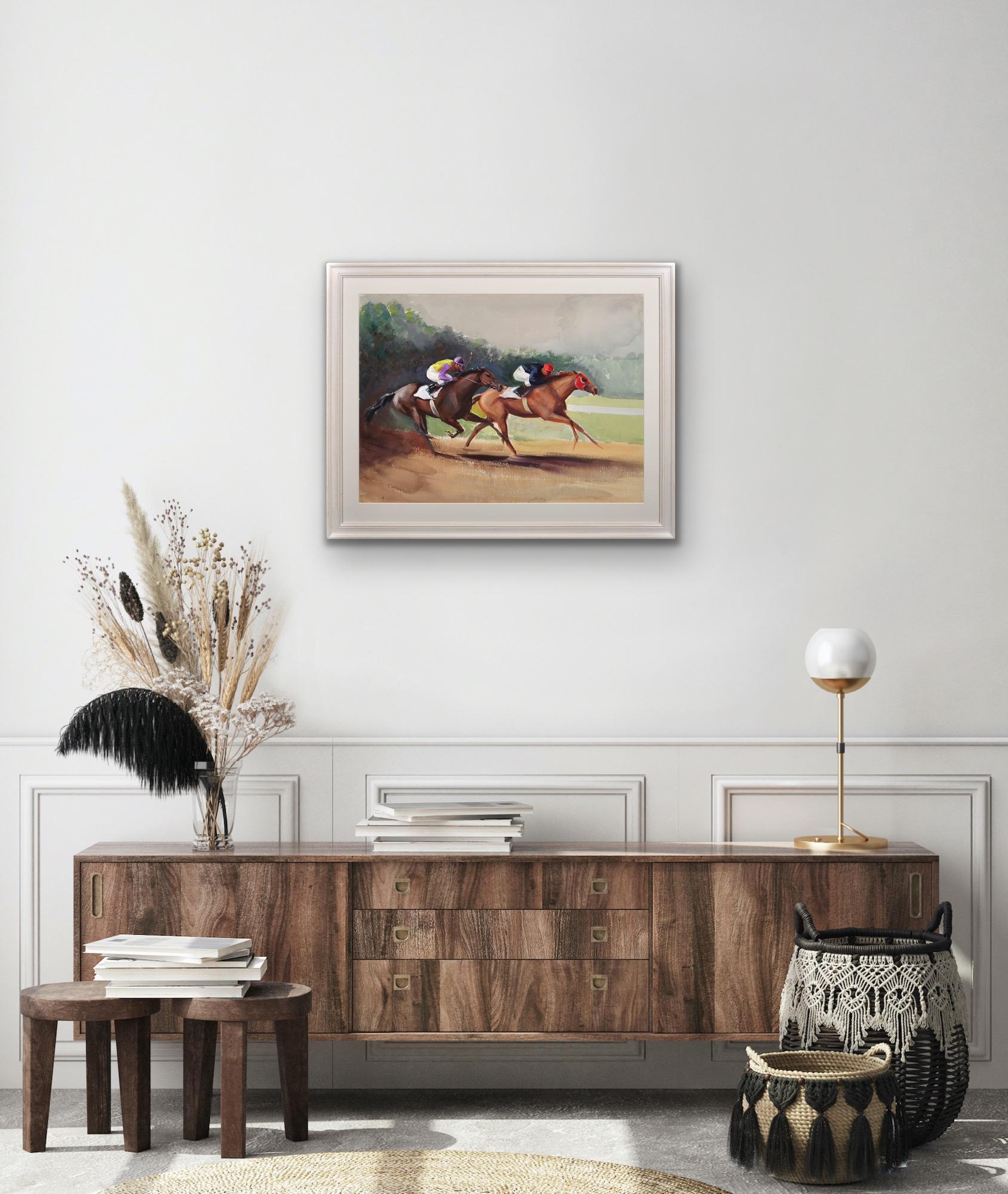 A Tight Finish Framed Mid-20th Century British Horse Racing Original Painting For Sale 13