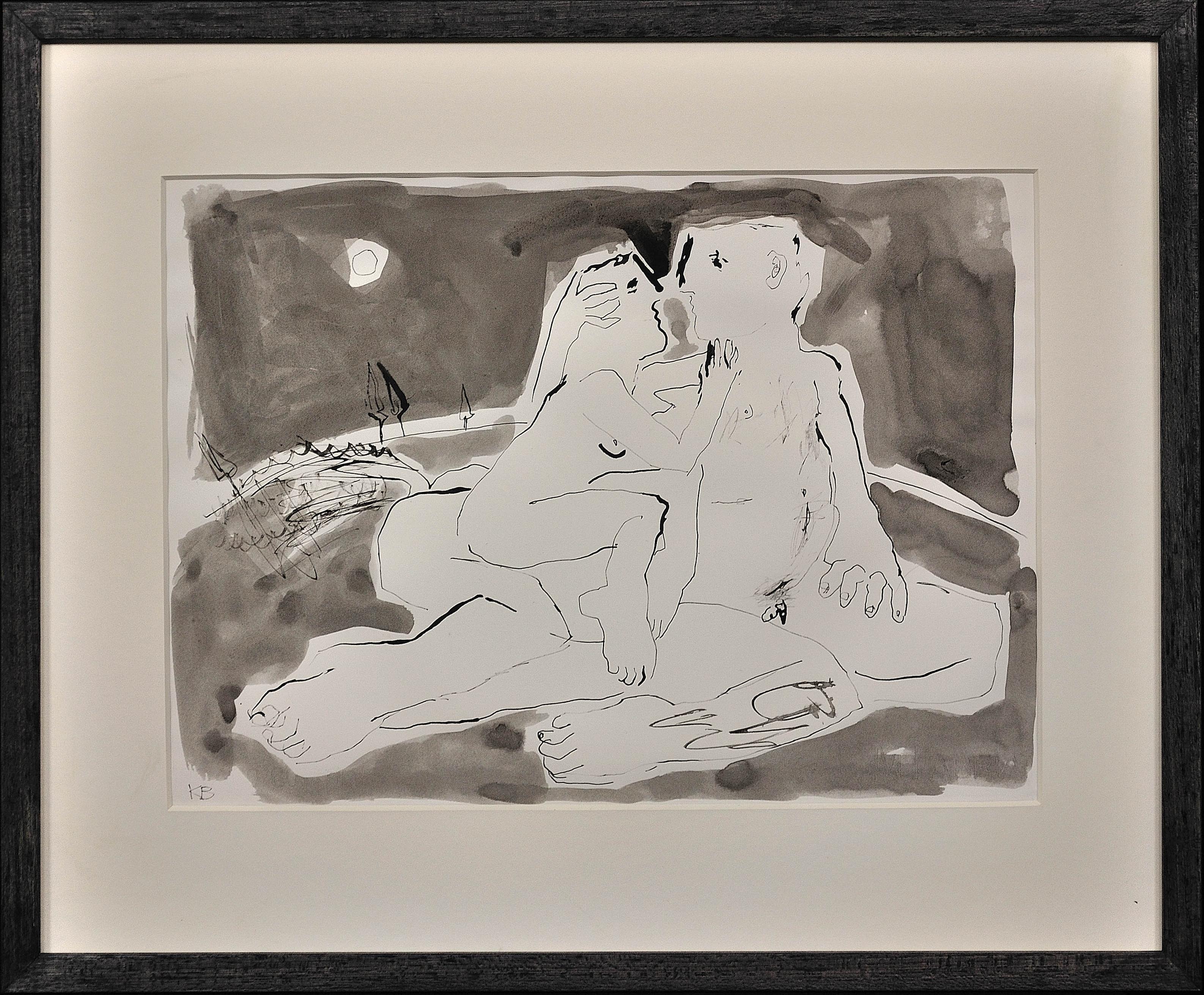 Étreinte au clair de lune. Colorwash & Ink.En Grisaille.Male & Female Nude.Picasso like.