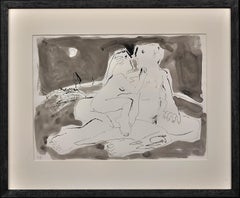 Vintage Moonlight Embrace. Colorwash & Ink.En Grisaille.Male & Female Nude.Picasso like.