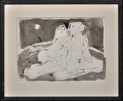 Moonlight Embrace Male & Female Nude En Grisaille Watercolor Picasso Influence