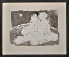 Umarmung im Mondschein. Farbwasch und Tinte.En Grisaille.Male & Female Nude.Picasso like.