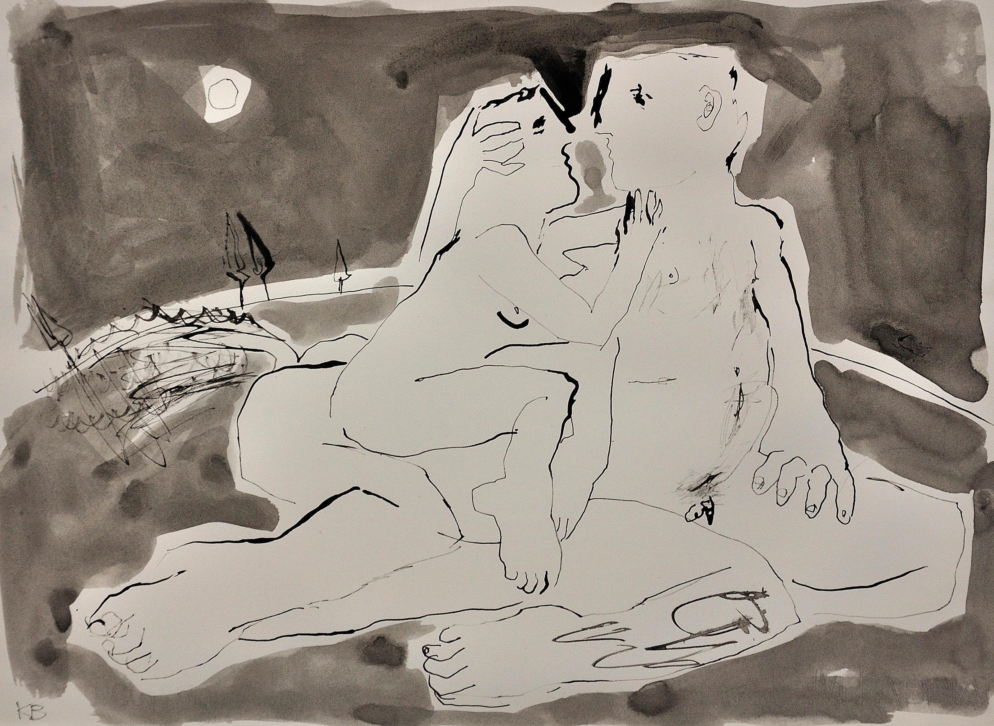 Moonlight Embrace. Colorwash & Ink.En Grisaille.Male & Female Nude.Picasso like. - Constructivist Art by Keith Bayliss
