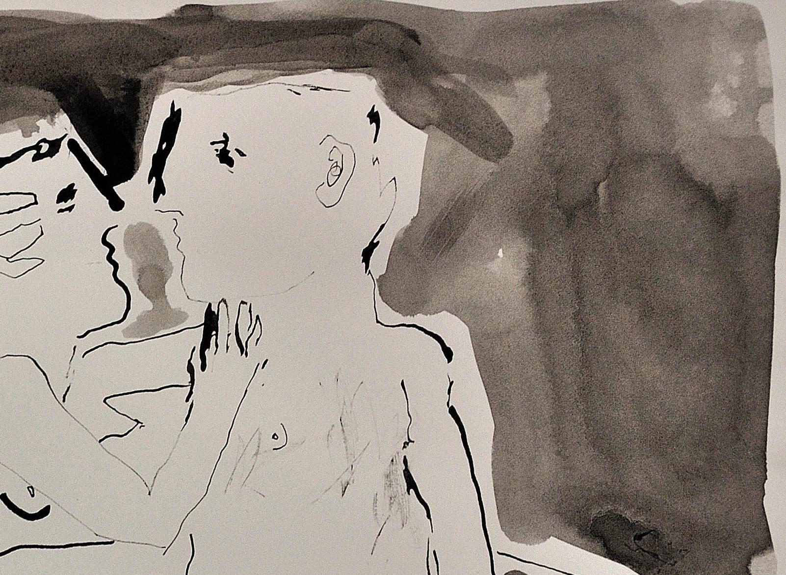 Étreinte au clair de lune. Colorwash & Ink.En Grisaille.Male & Female Nude.Picasso like. en vente 14