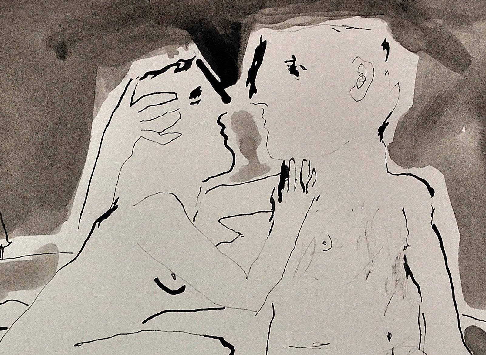Moonlight Embrace. Colorwash & Ink.En Grisaille.Male & Female Nude.Picasso like. For Sale 17
