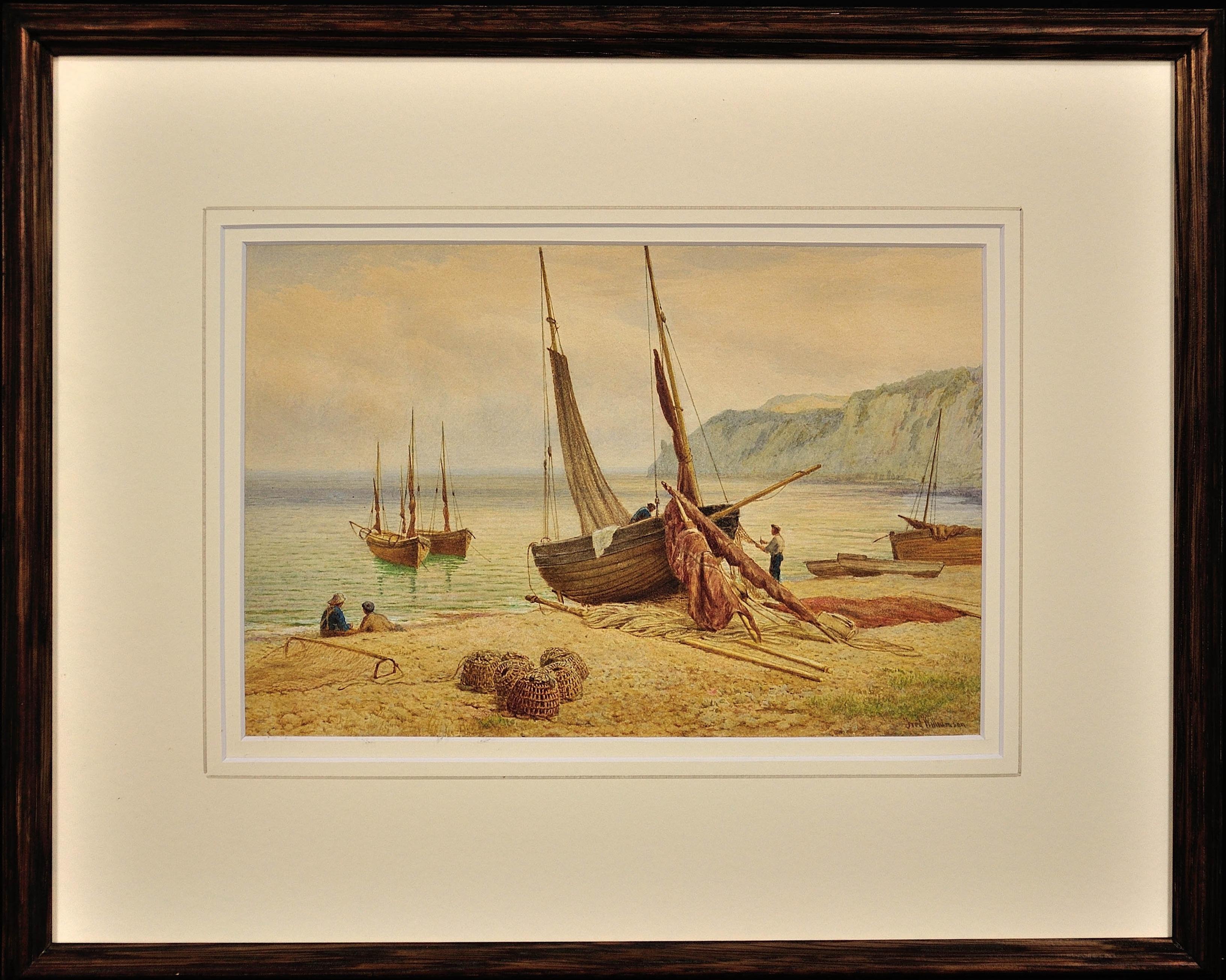 Frederick Williamson Landscape Art - Fishing Boats & Fishermen on Beer Beach, East Devon. A Very Fine Watercolor.