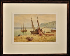 Antique Fishing Boats & Fishermen on Beer Beach, East Devon. A Very Fine Watercolor.