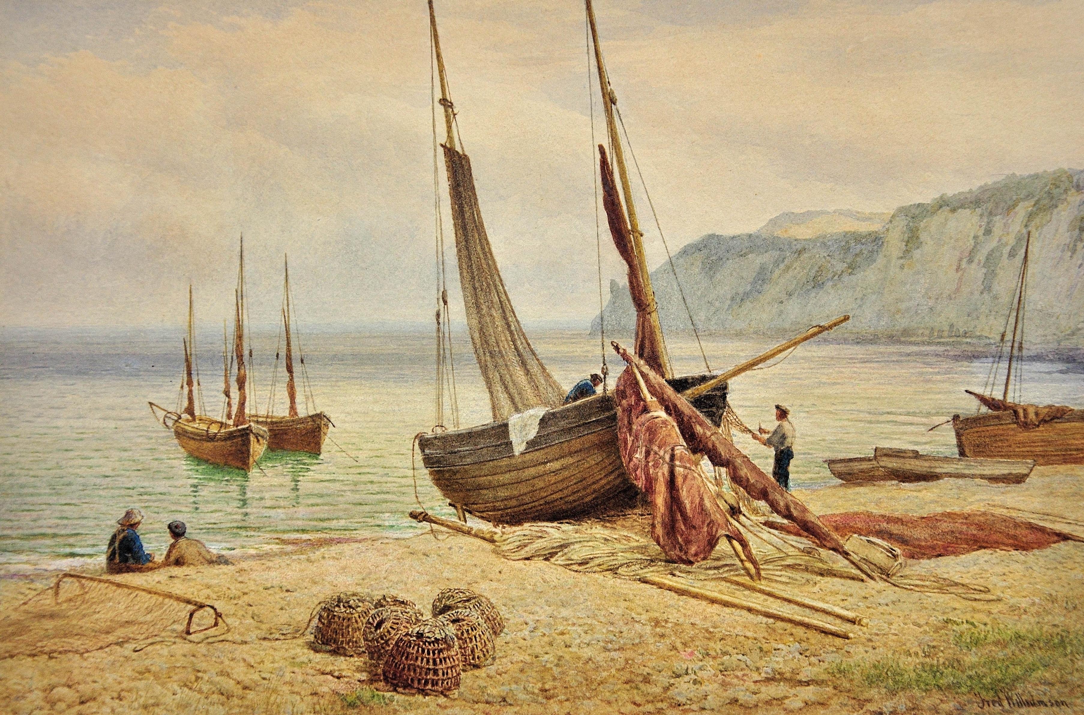 Fishing Boats & Fishermen on Beer Beach, East Devon. A Very Fine Watercolor. - Art by Frederick Williamson