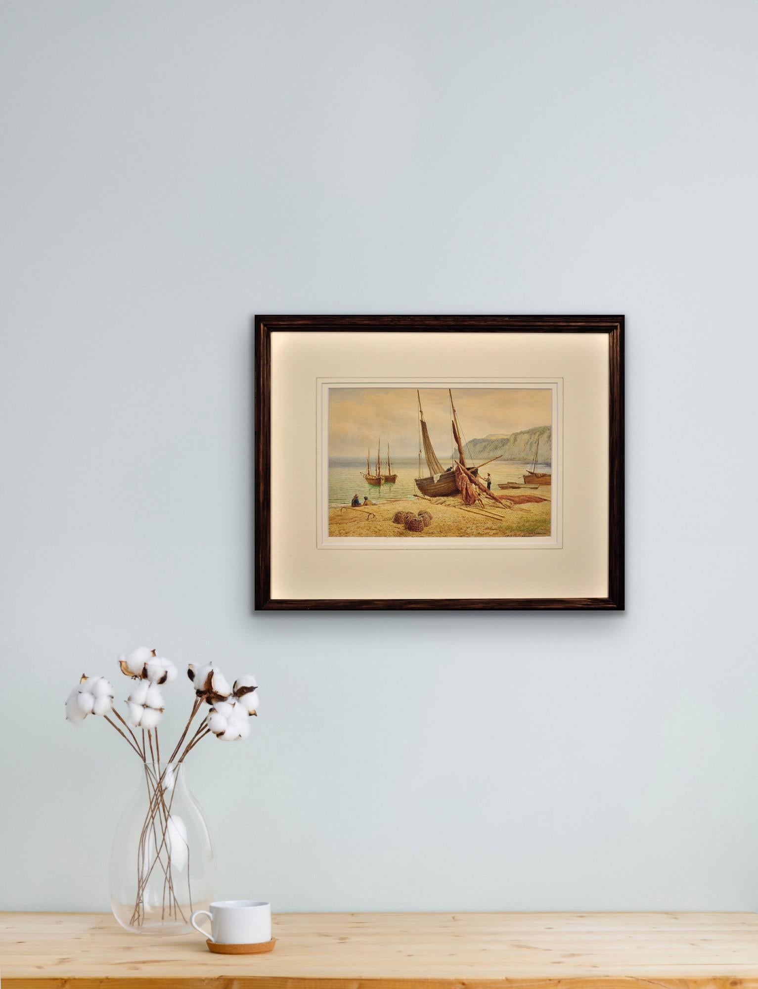 Muy Fina Acuarela Original De La Década De 1870 De Barcos De Pesca En La Playa De Cerveza Al Este De Devon en venta 11