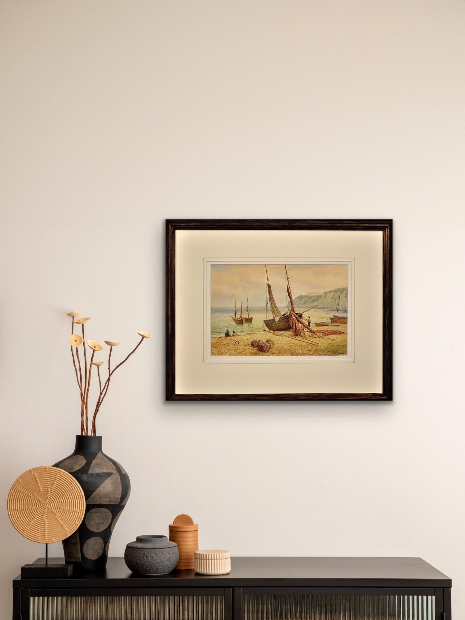 Muy Fina Acuarela Original De La Década De 1870 De Barcos De Pesca En La Playa De Cerveza Al Este De Devon en venta 12