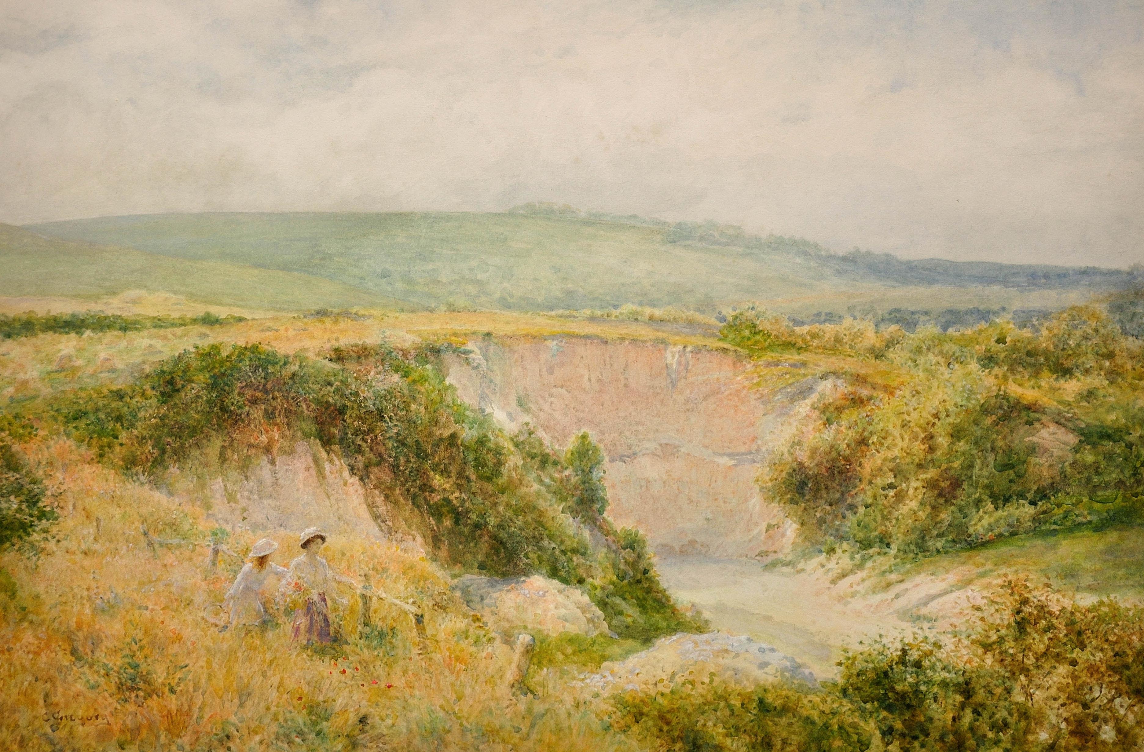 Sommertag in Steyning Bowl, West Sussex, South Downs Way. Viktorianische Landschaft. – Art von Charles Gregory