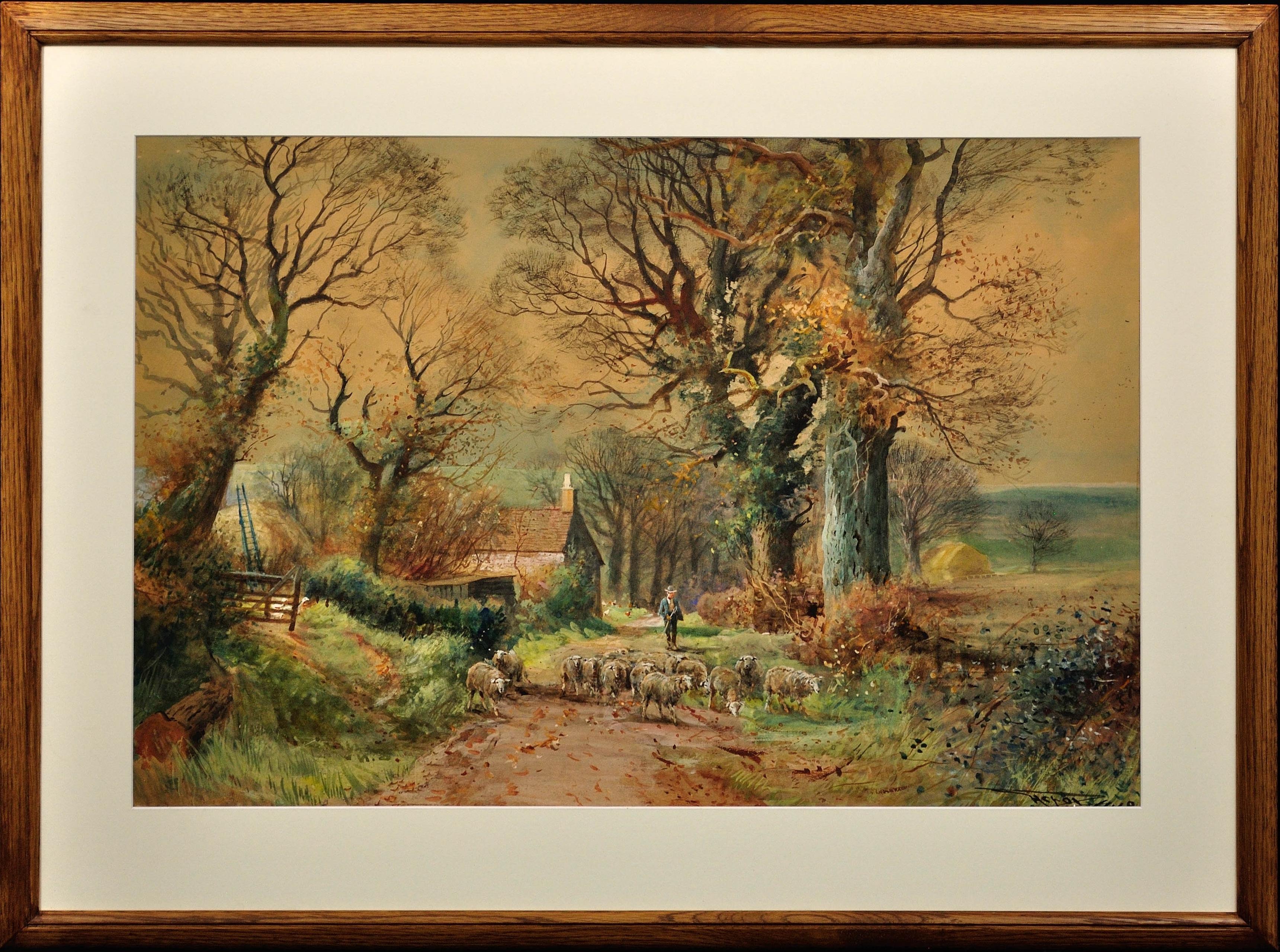 Henry Charles Fox Landscape Art – Treibende Schafe: Plaisters Lane, Sutton Poyntz, Dorset. Juraische Küstendorf.1918