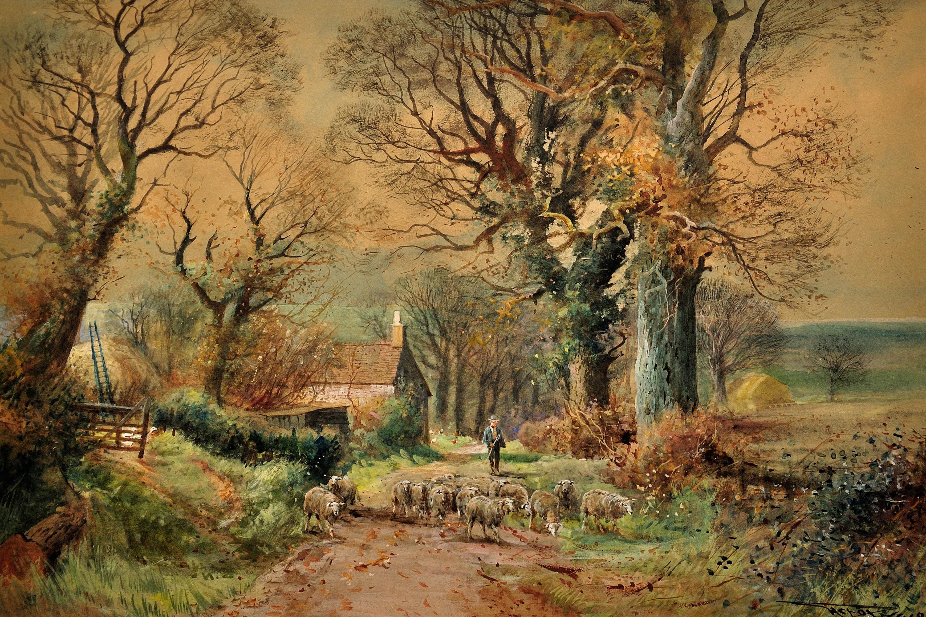 Treibende Schafe: Plaisters Lane, Sutton Poyntz, Dorset. Juraische Küstendorf.1918 – Art von Henry Charles Fox