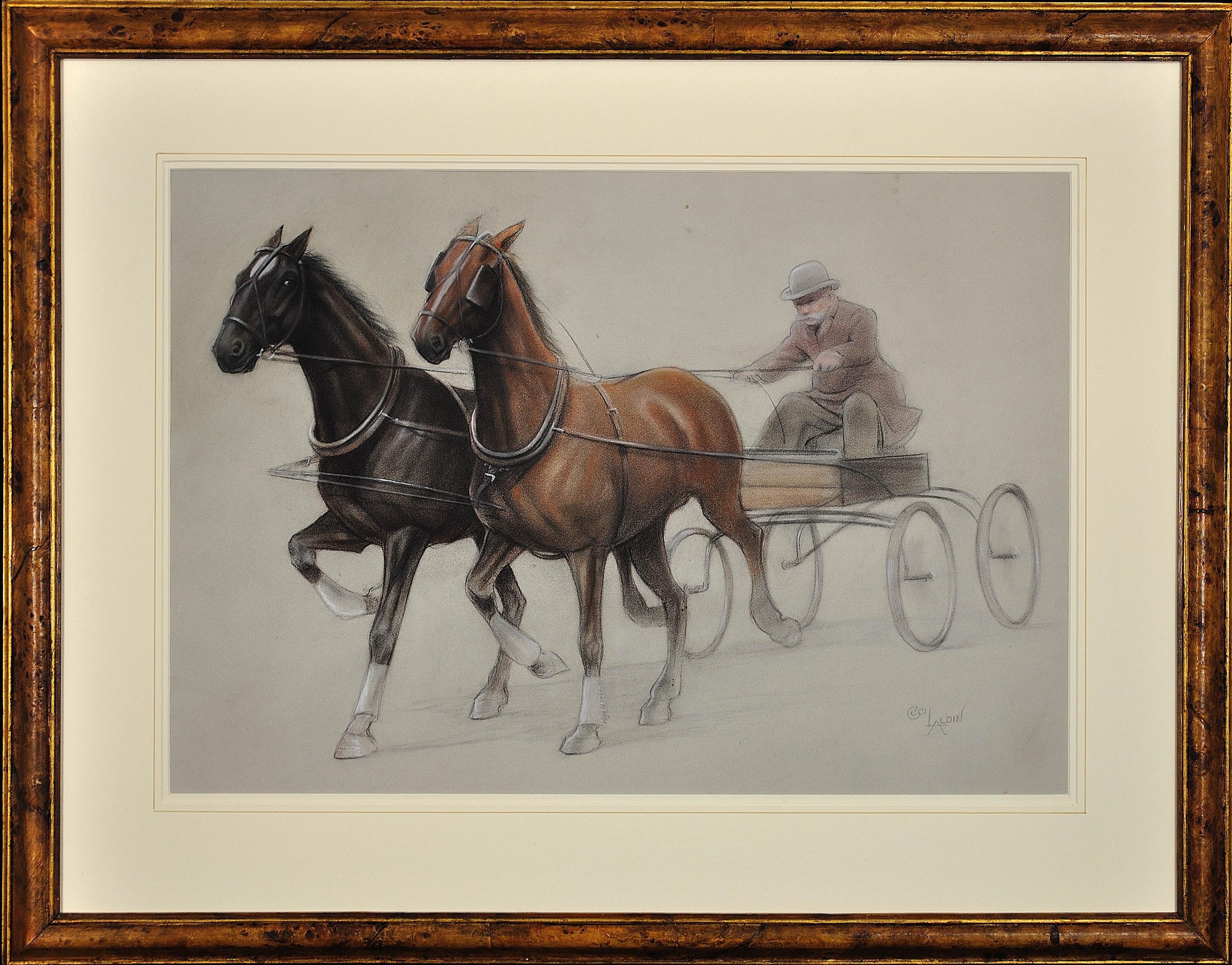 Trotting Horses Harnessed to a Lightweight Fly. Cecil Aldin. Original Drawing.