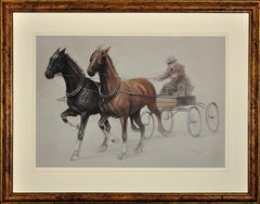 Antique Trotting Horses Harnessed to a Lightweight Fly. Cecil Aldin. Original Drawing.