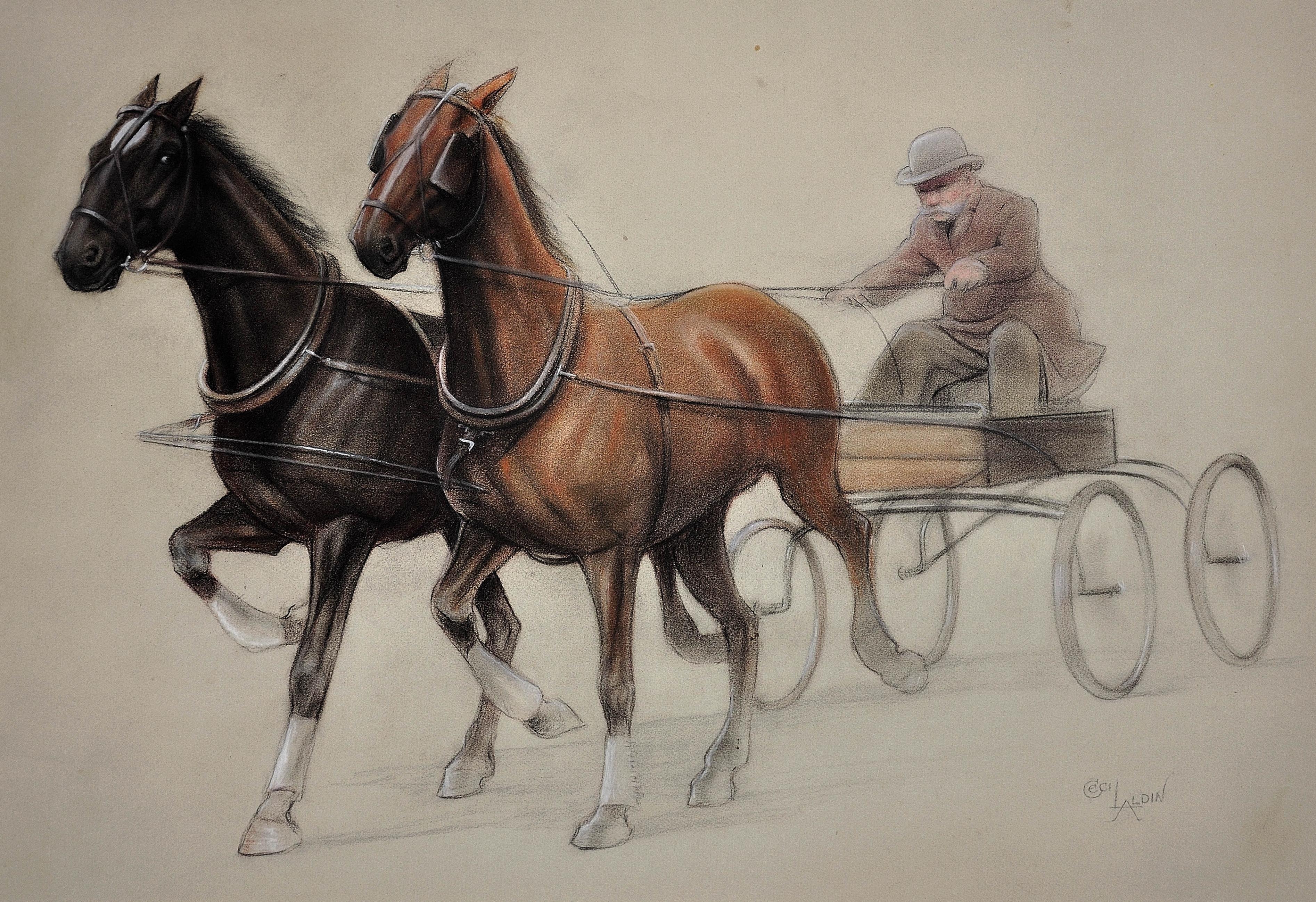 Schmiedeeiserne Pferde, die einem leichten Fliegen angeeignet wurden. Cecil Aldin. Original-Zeichnung. – Art von Cecil Charles Windsor Aldin, R.B.A.