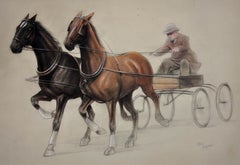 Trotting Horses Harnessed To A Lightweight Four Wheel Cart Trap Framed Original