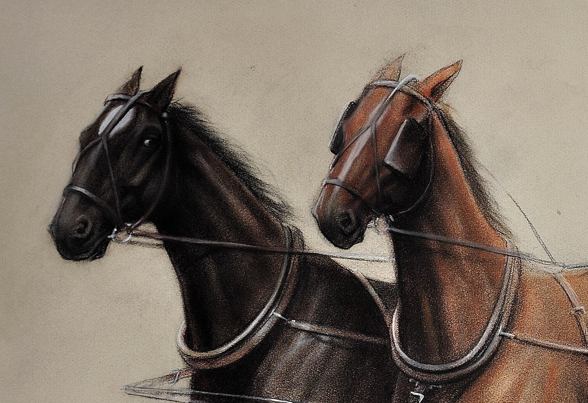 Trotting Horses Harnessed to a Lightweight Fly. Cecil Aldin. Original Drawing. For Sale 8