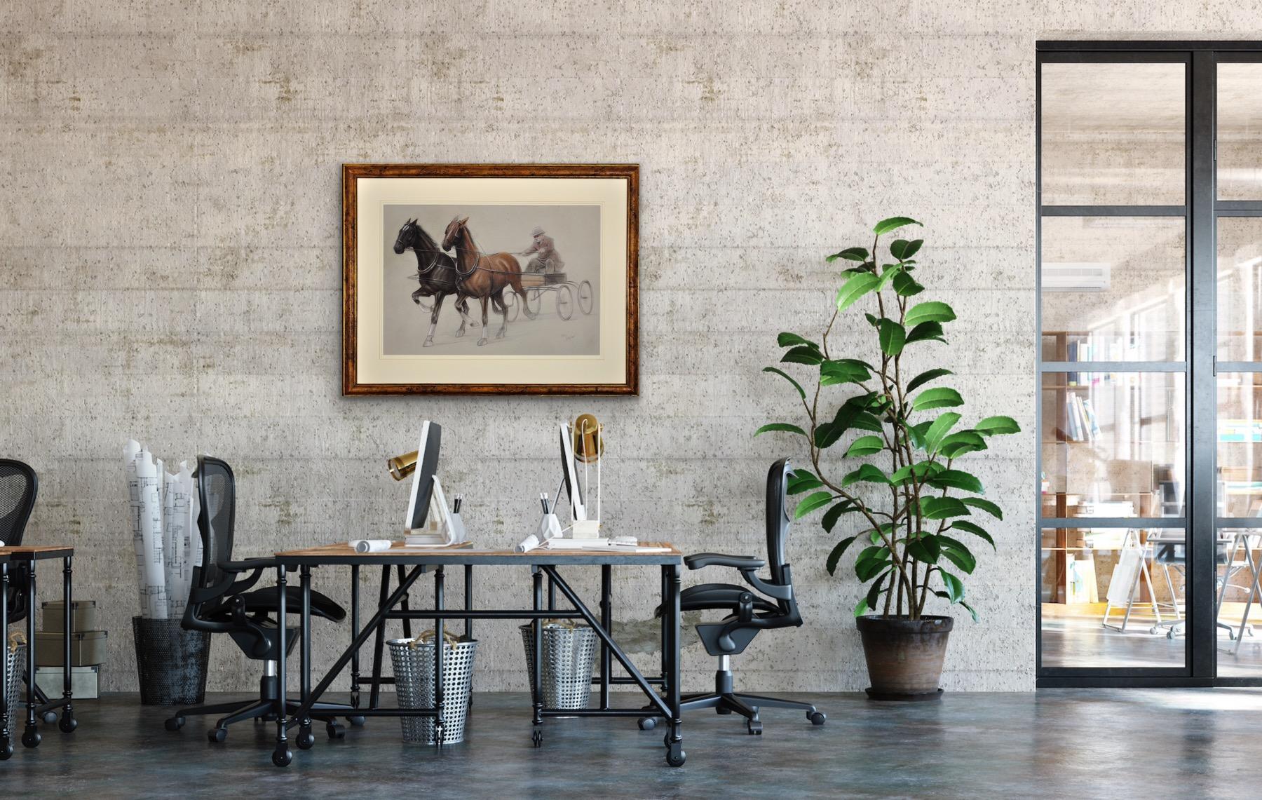 Trotting Horses Harnessed To A Lightweight Four Wheel Cart Trap Gerahmtes Original im Angebot 4
