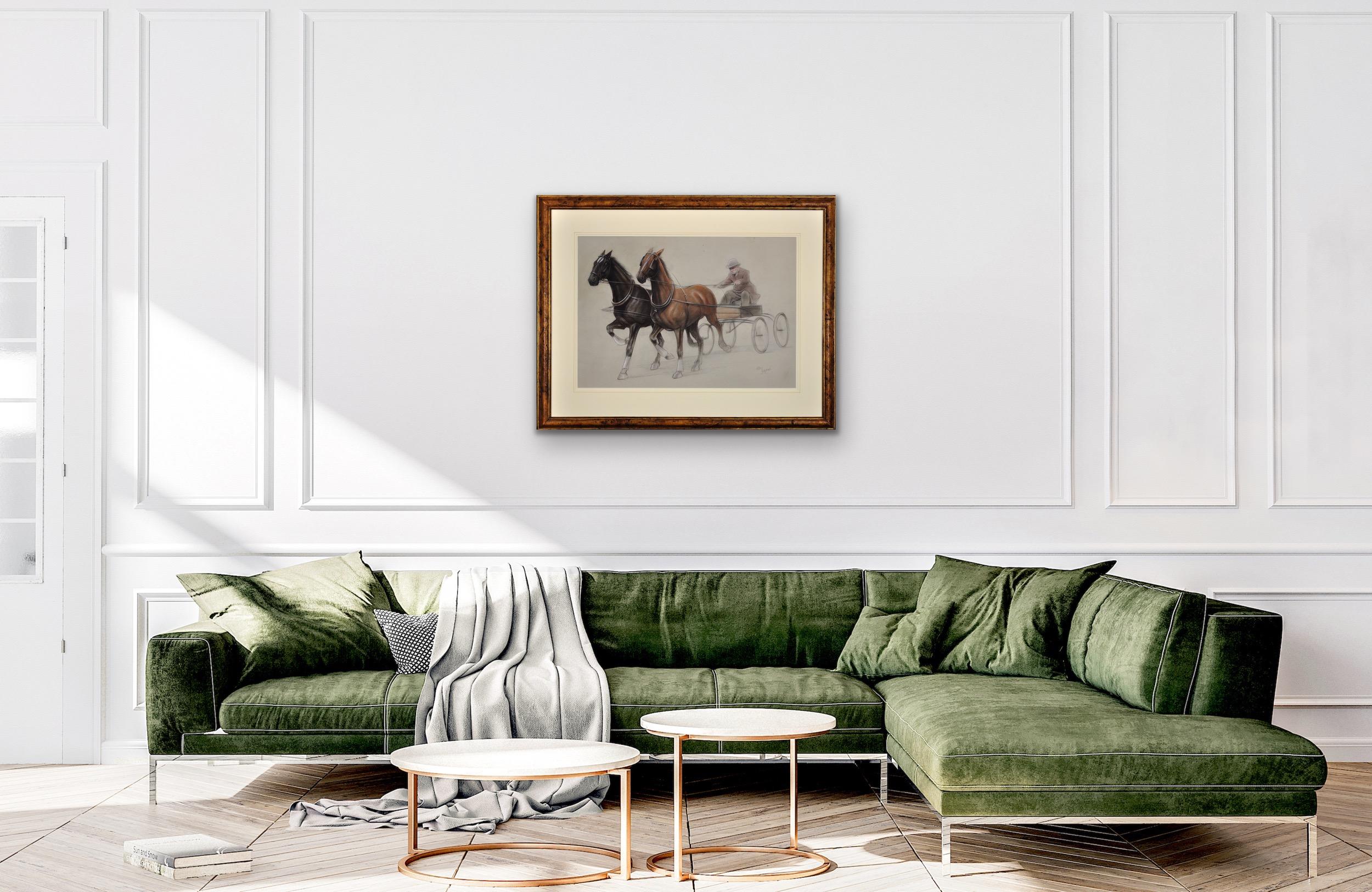 Trotting Horses Harnessed To A Lightweight Four Wheel Cart Trap Gerahmtes Original im Angebot 10
