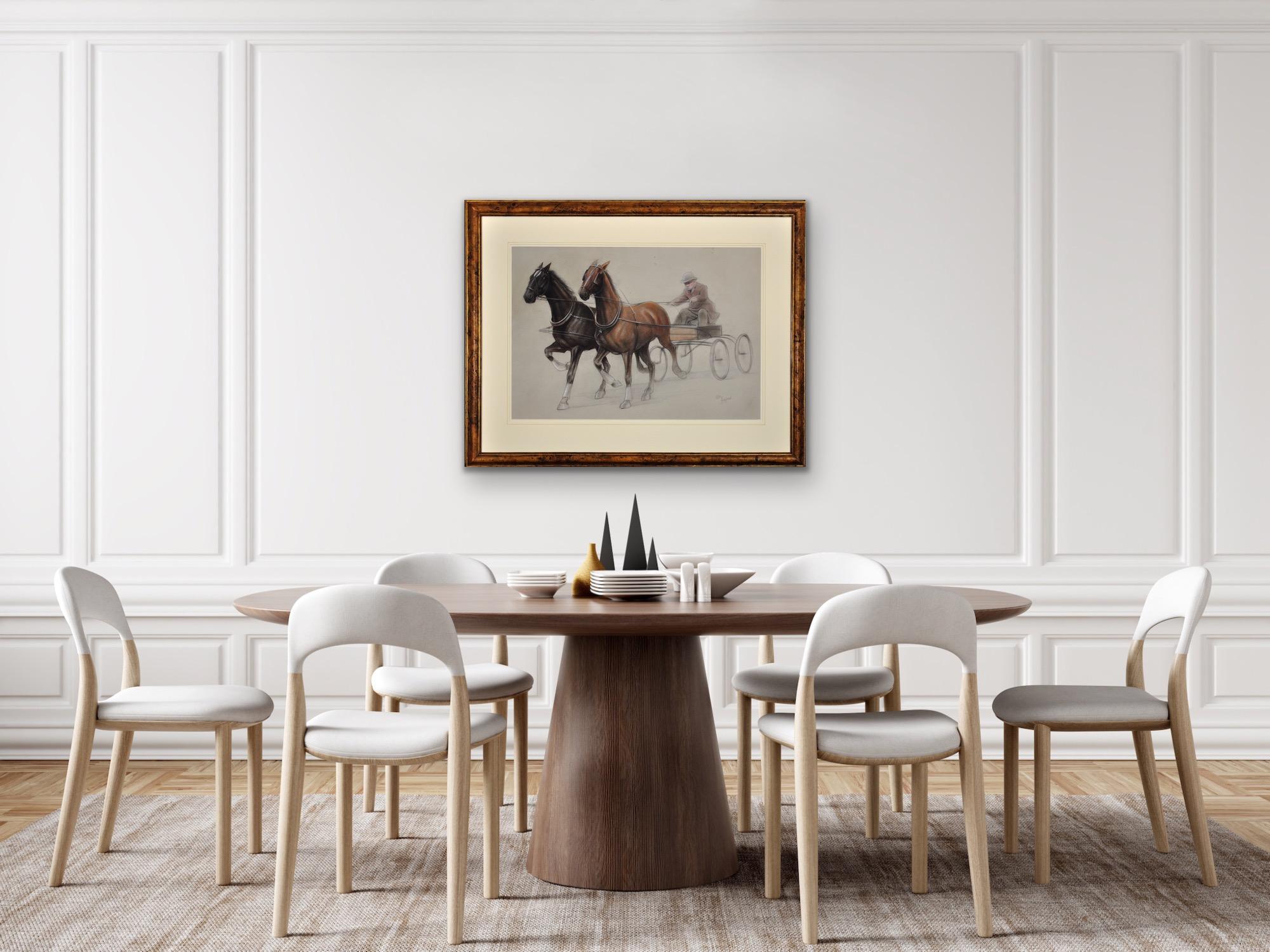 Trotting Horses Harnessed To A Lightweight Four Wheel Cart Trap Gerahmtes Original im Angebot 9