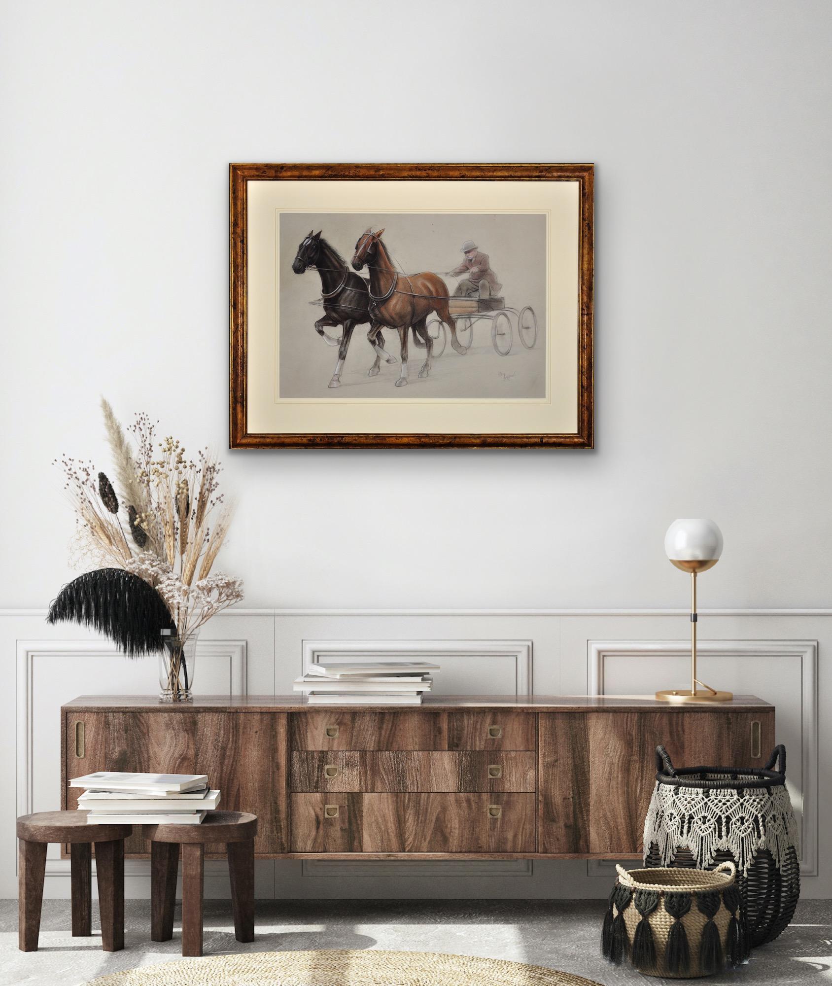 Trotting Horses Harnessed To A Lightweight Four Wheel Cart Trap Gerahmtes Original im Angebot 7