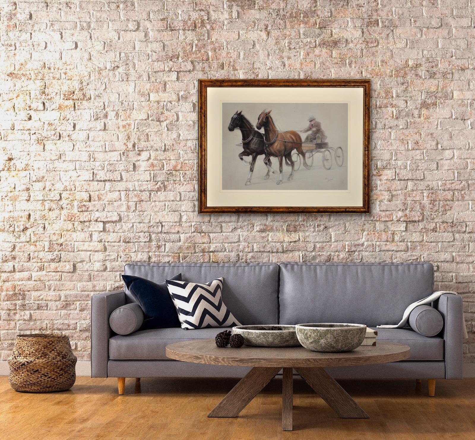 Trotting Horses Harnessed To A Lightweight Four Wheel Cart Trap Gerahmtes Original im Angebot 6