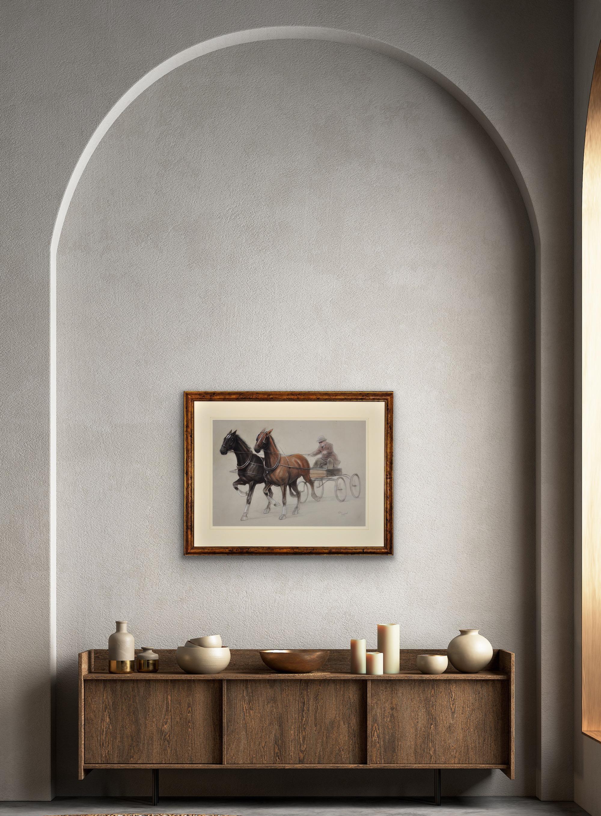 Trotting Horses Harnessed To A Lightweight Four Wheel Cart Trap Gerahmtes Original im Angebot 8