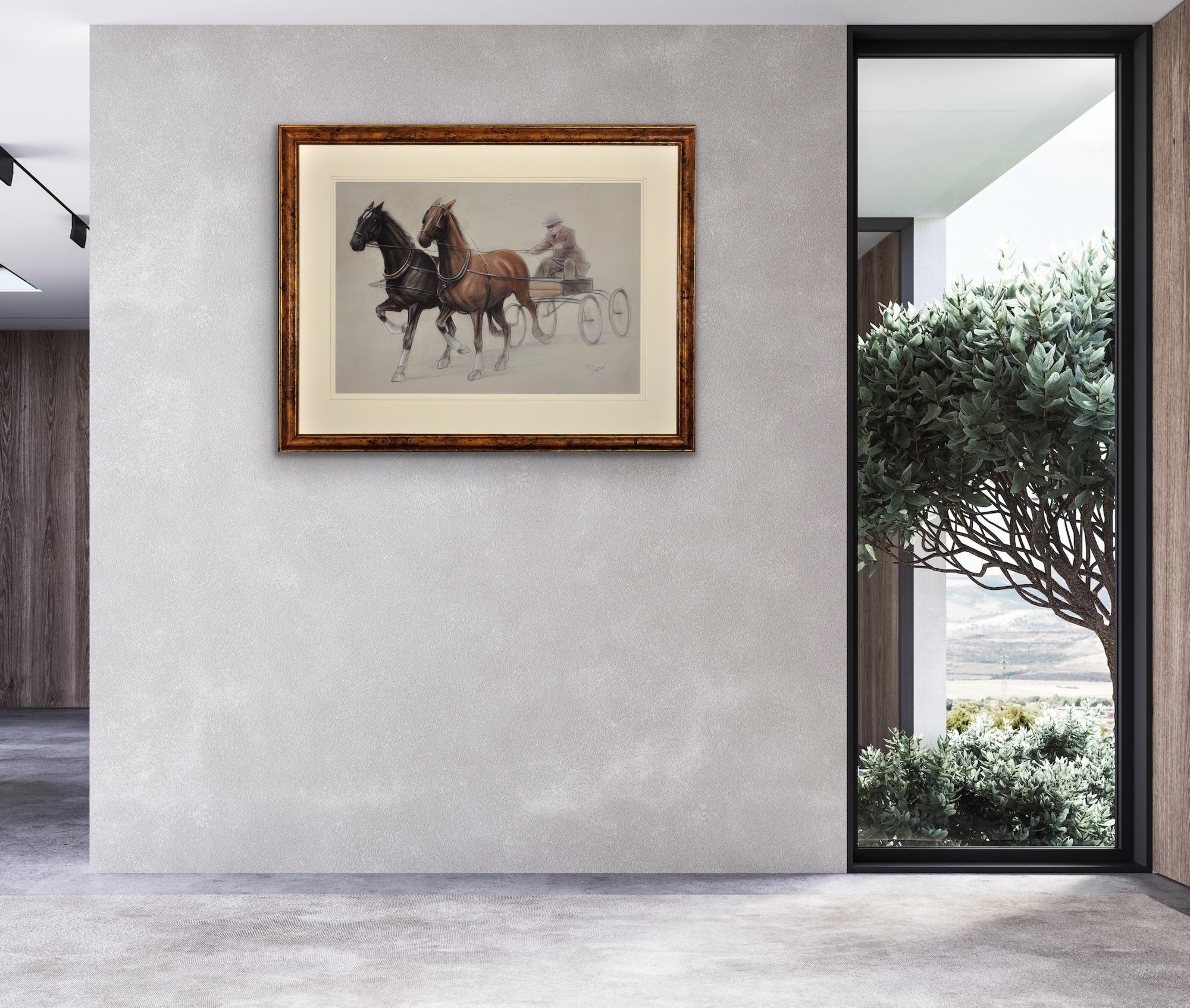 Trotting Horses Harnessed To A Lightweight Four Wheel Cart Trap Gerahmtes Original im Angebot 14