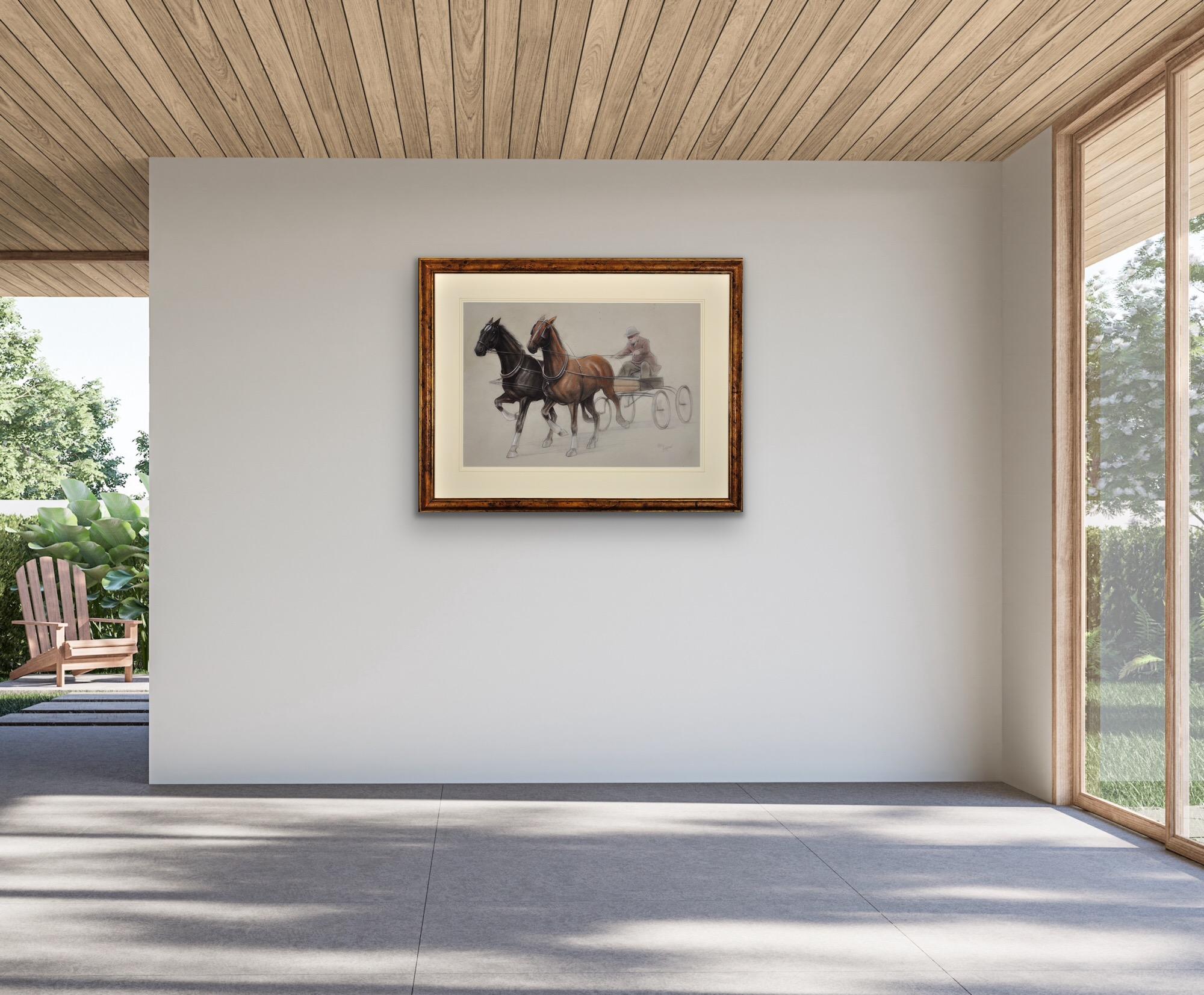 Trotting Horses Harnessed To A Lightweight Four Wheel Cart Trap Gerahmtes Original im Angebot 12