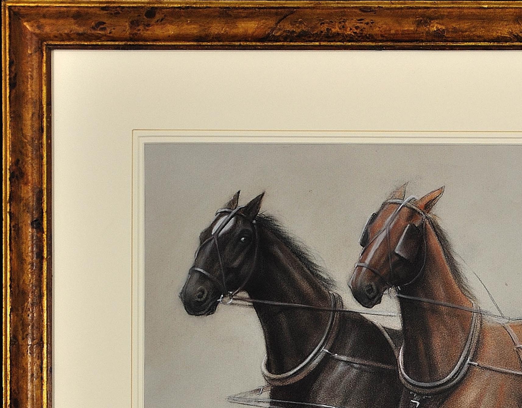 Trotting Horses Harnessed To A Lightweight Four Wheel Cart Trap Gerahmtes Original im Angebot 15