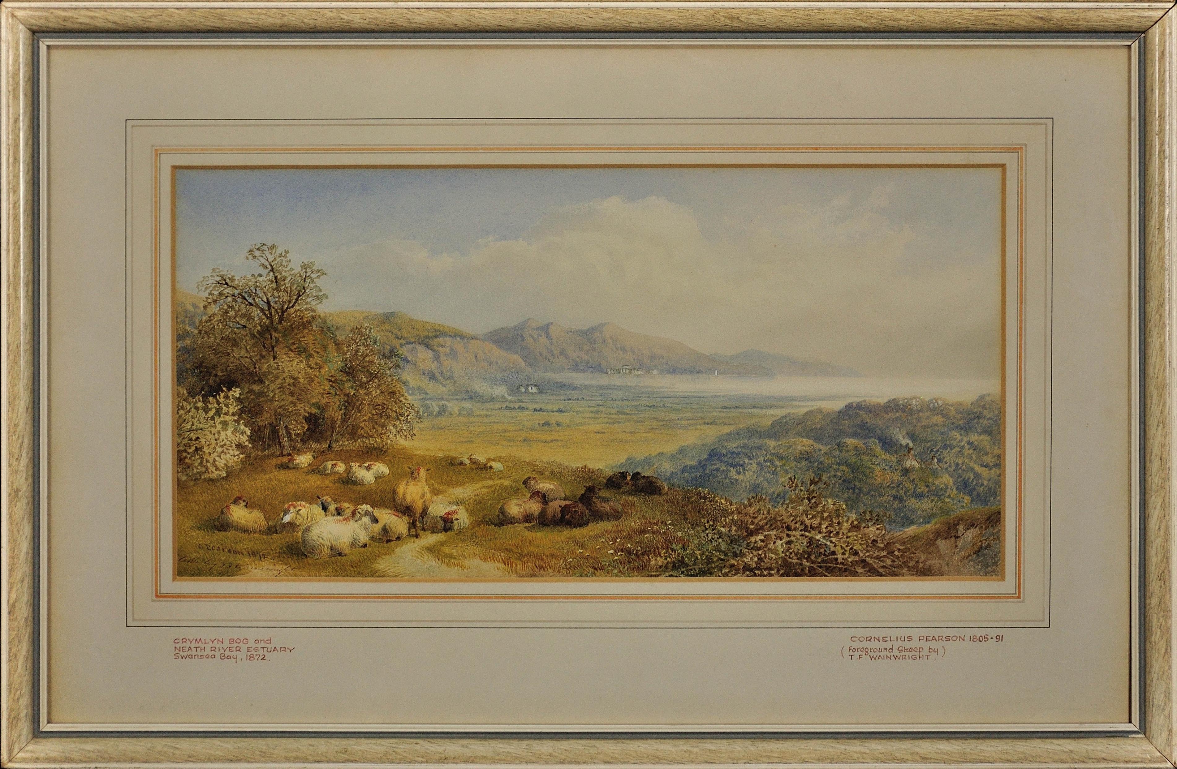 Animal Art di Cornelius Pearson - Acquerello del paesaggio gallese incorniciato con la palude di Crymlyn e l'estuario del fiume Neath nella baia di Swansea