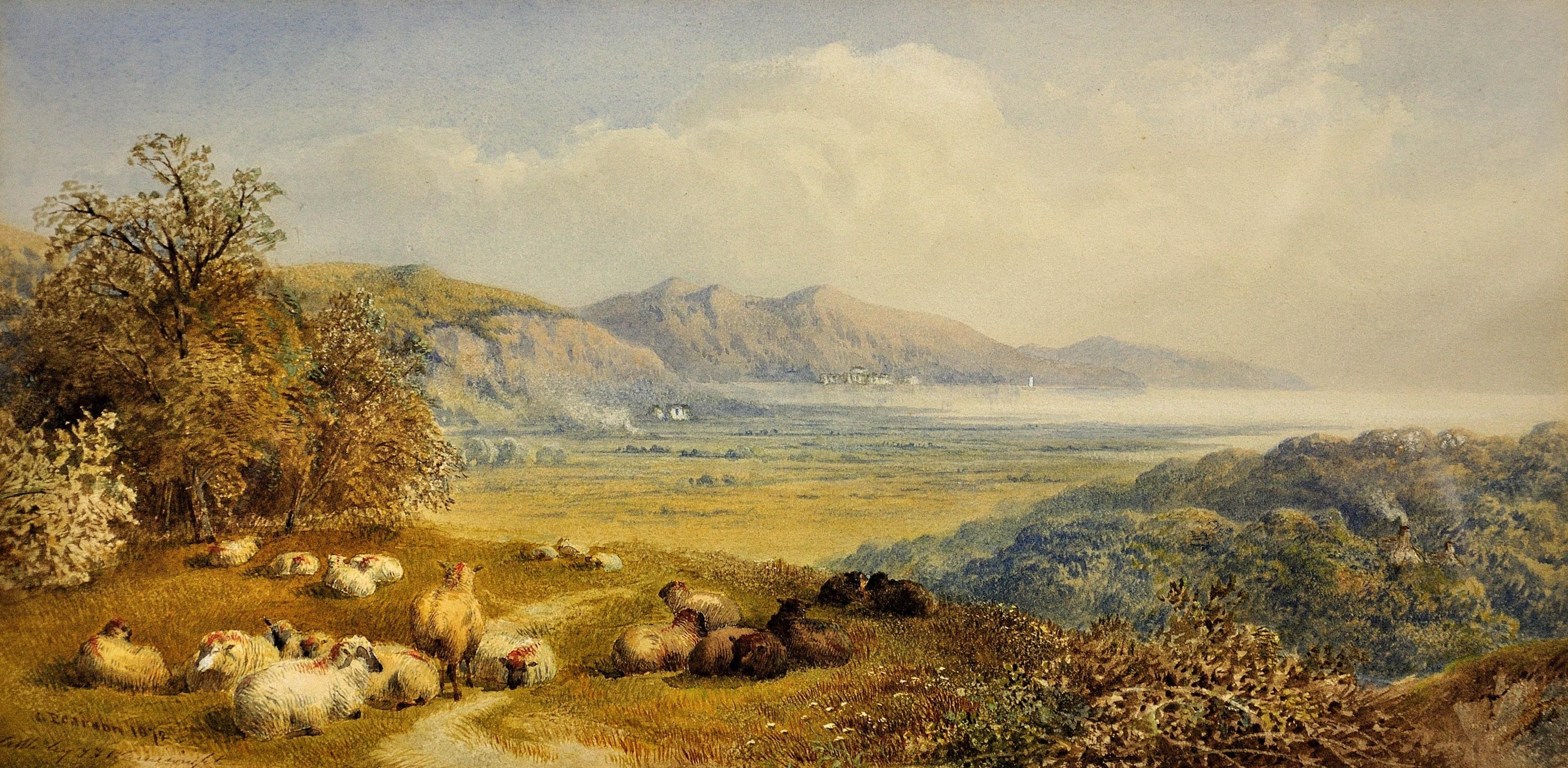 Crymlyn Bog und Neath River Estuary Swansea Bay 1872. Wales. Walisische Aquarellmalerei. – Art von Cornelius Pearson
