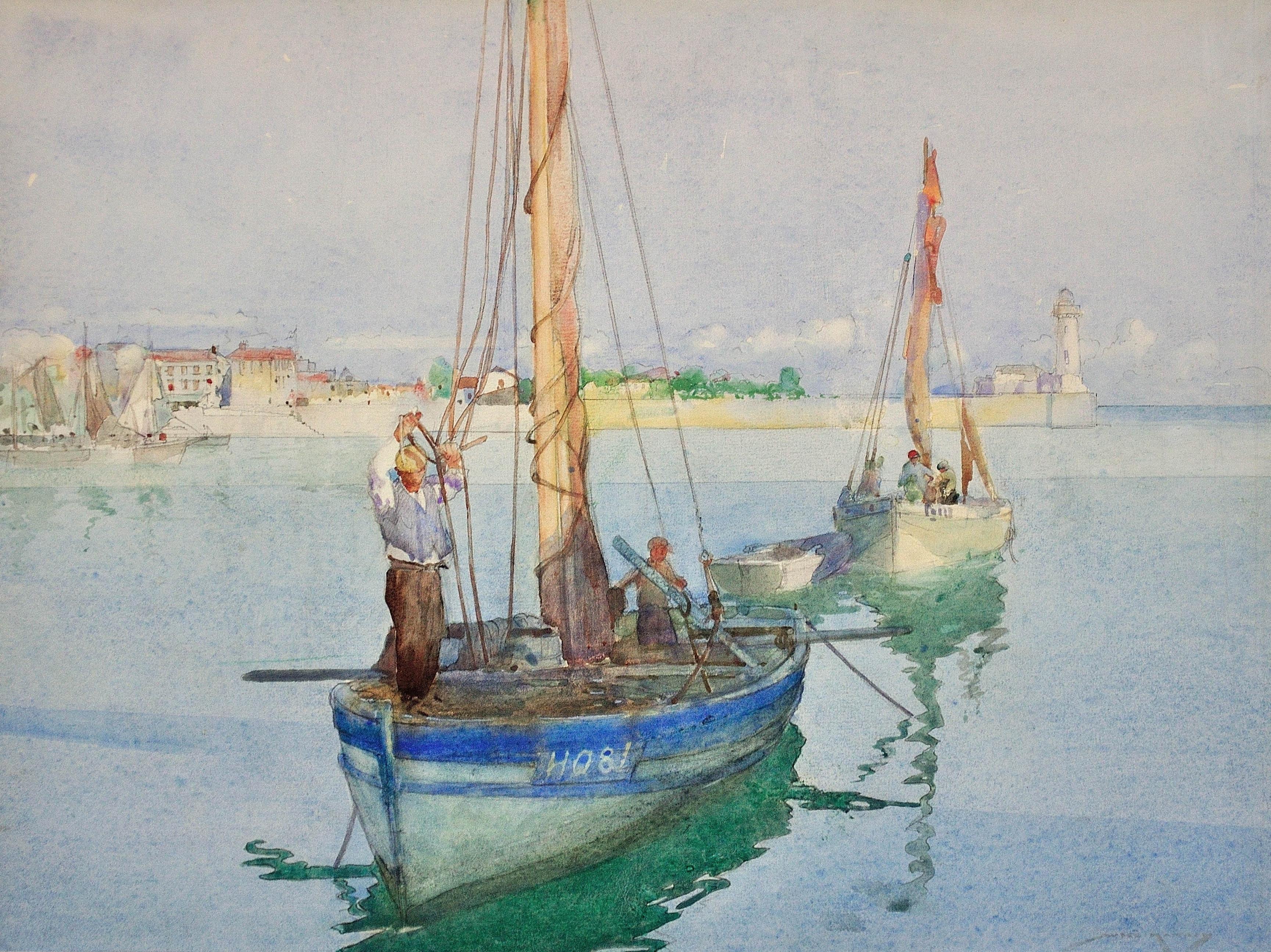 Making Small Repairs, Port of Honfleur. Normandy.Fishing Boats.Fishermen. French - Art by William Lee Hankey