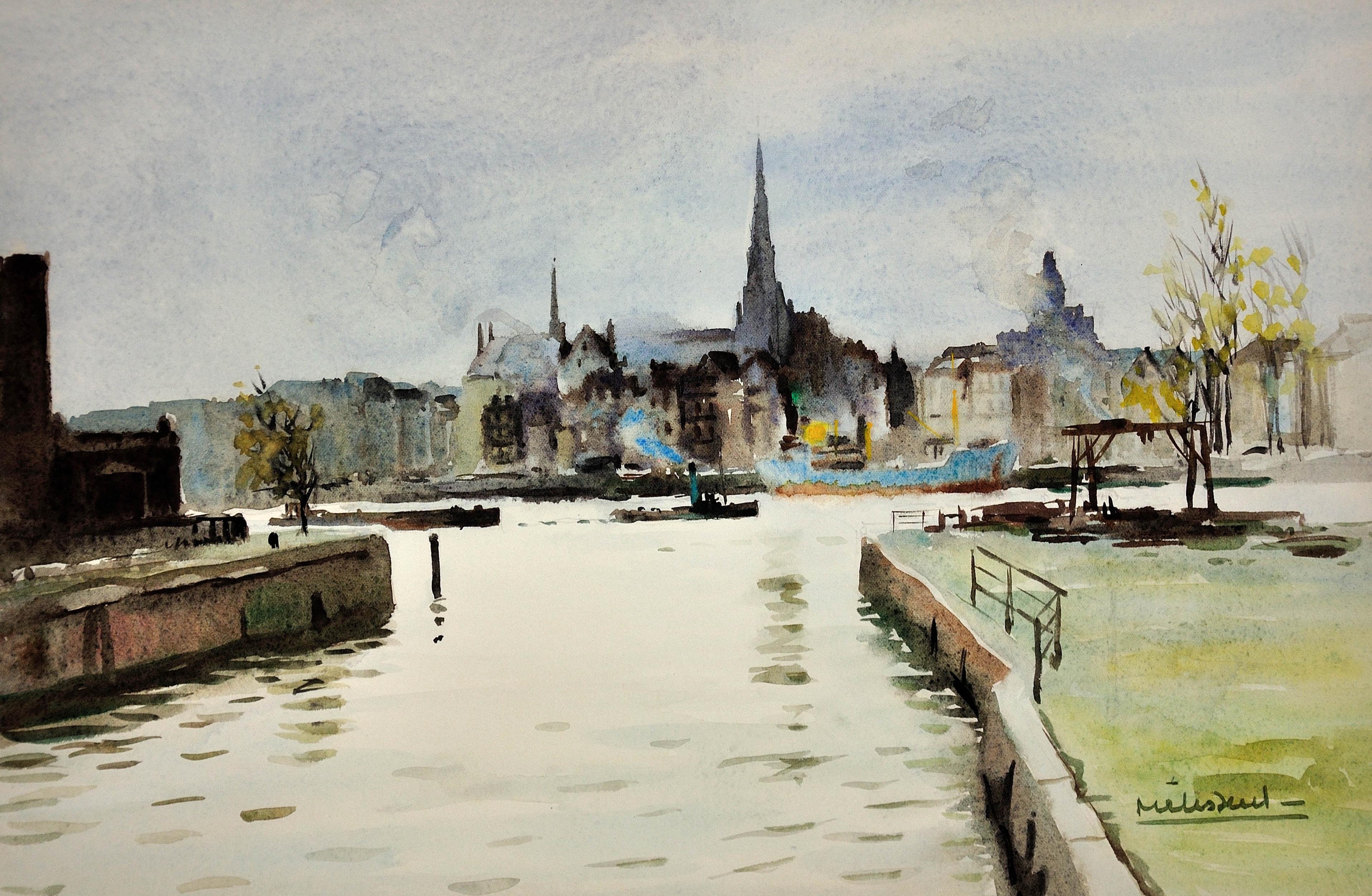 The Maritime District, Rotterdam. 1950s. Docklands. Canals. Churches. Watercolor - Art by Maurice Raoul Melissent