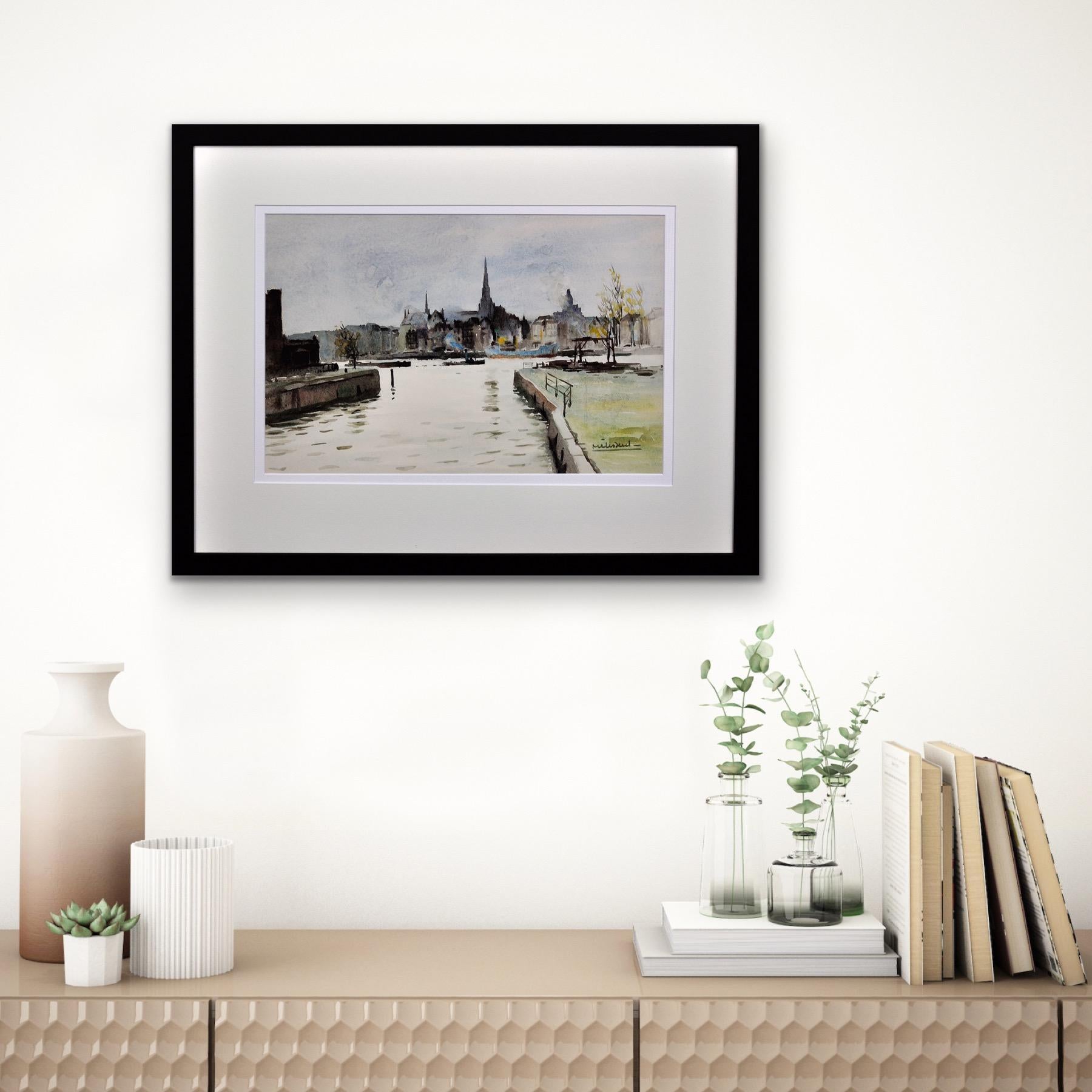 The Maritime District, Rotterdam. 1950s. Docklands. Canals. Churches. Watercolor For Sale 5