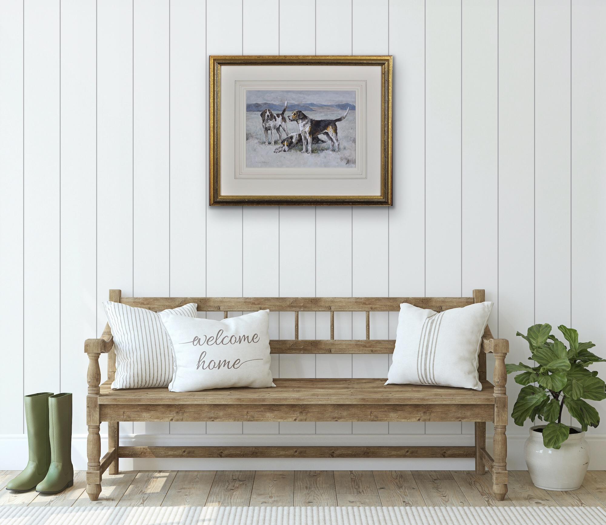 Hunting Pack Of Welsh Hounds In Wales Framed Victorian Dog Watercolor Painting For Sale 1