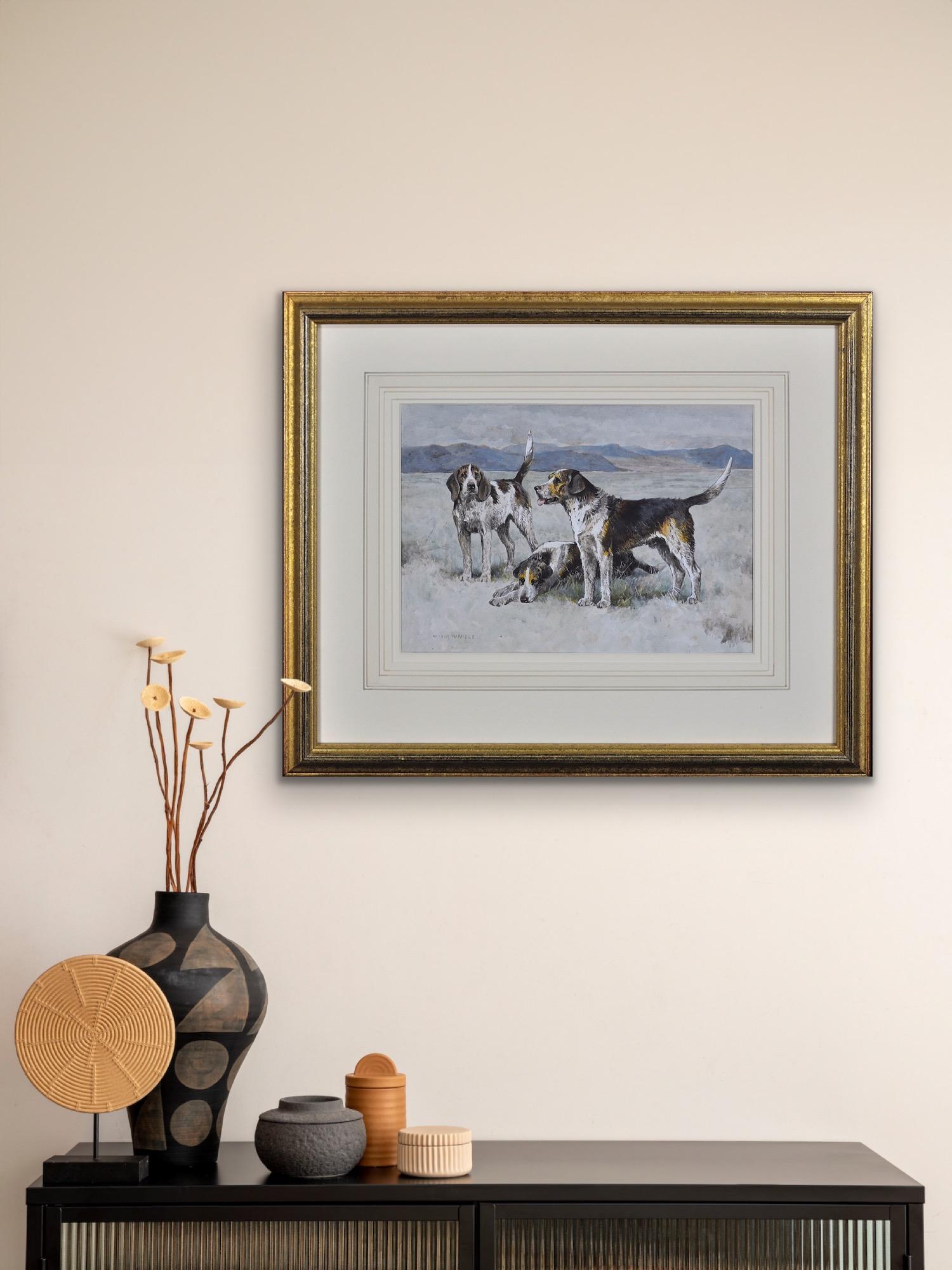 Hunting Pack Of Welsh Hounds In Wales Framed Victorian Dog Watercolor Painting For Sale 11