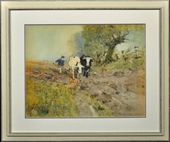 Lasttiere. Ackerbaubetrieb. Feld. Pflug. Original viktorianisches Aquarell