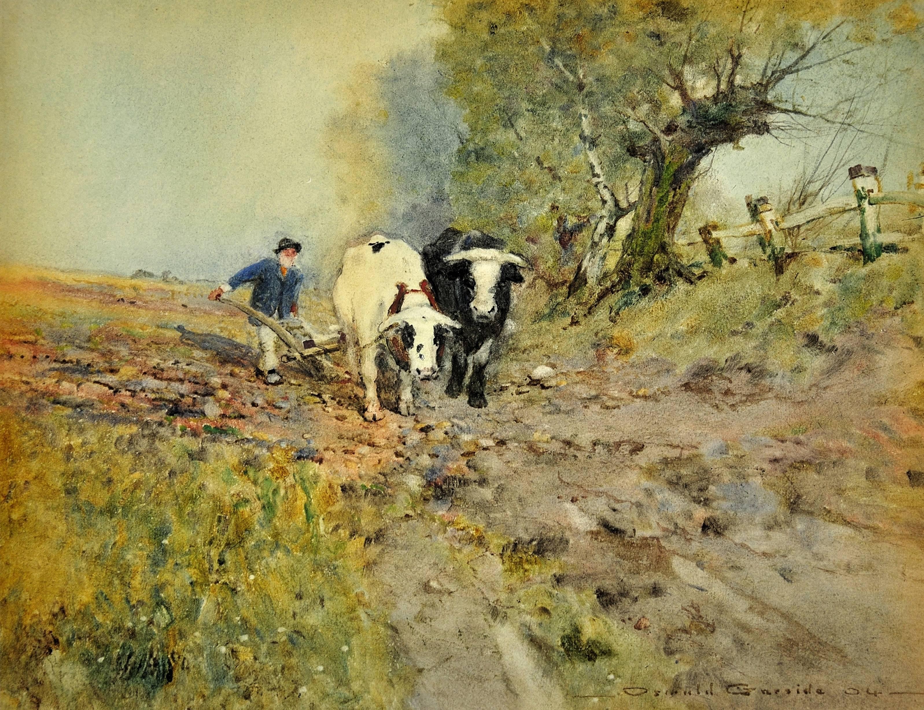 Beasts of Burden. Arable Farming. Field. Plough. Original Victorian Watercolor - Art by Oswald Garside