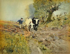 Edwardianisches Landschaftsgemälde von Stier Ploughing In The Field Beasts of Burden, Edwardian