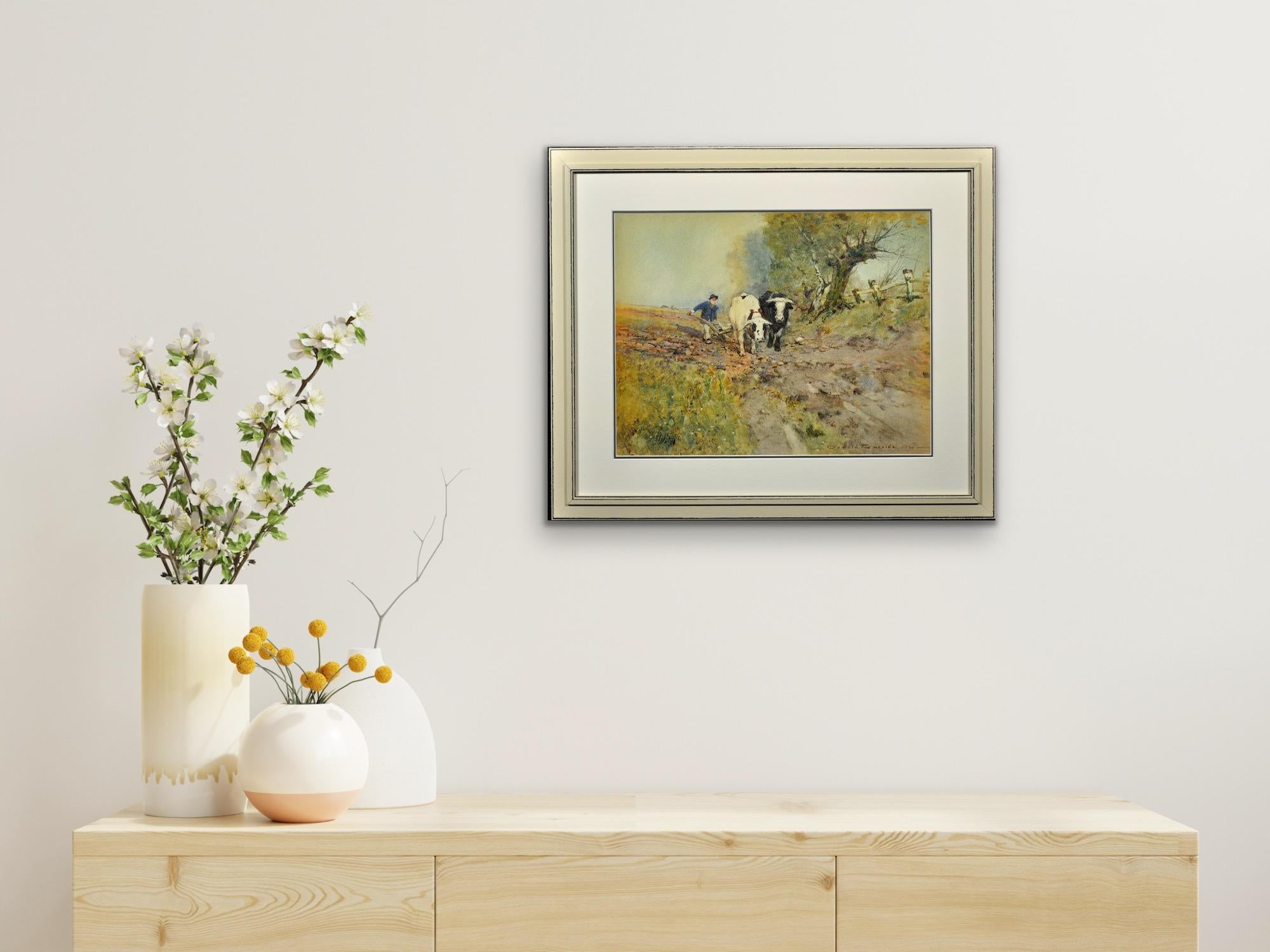 Pittura edoardiana di campagna con tori che arano nel campo e bestie da soma in vendita 6