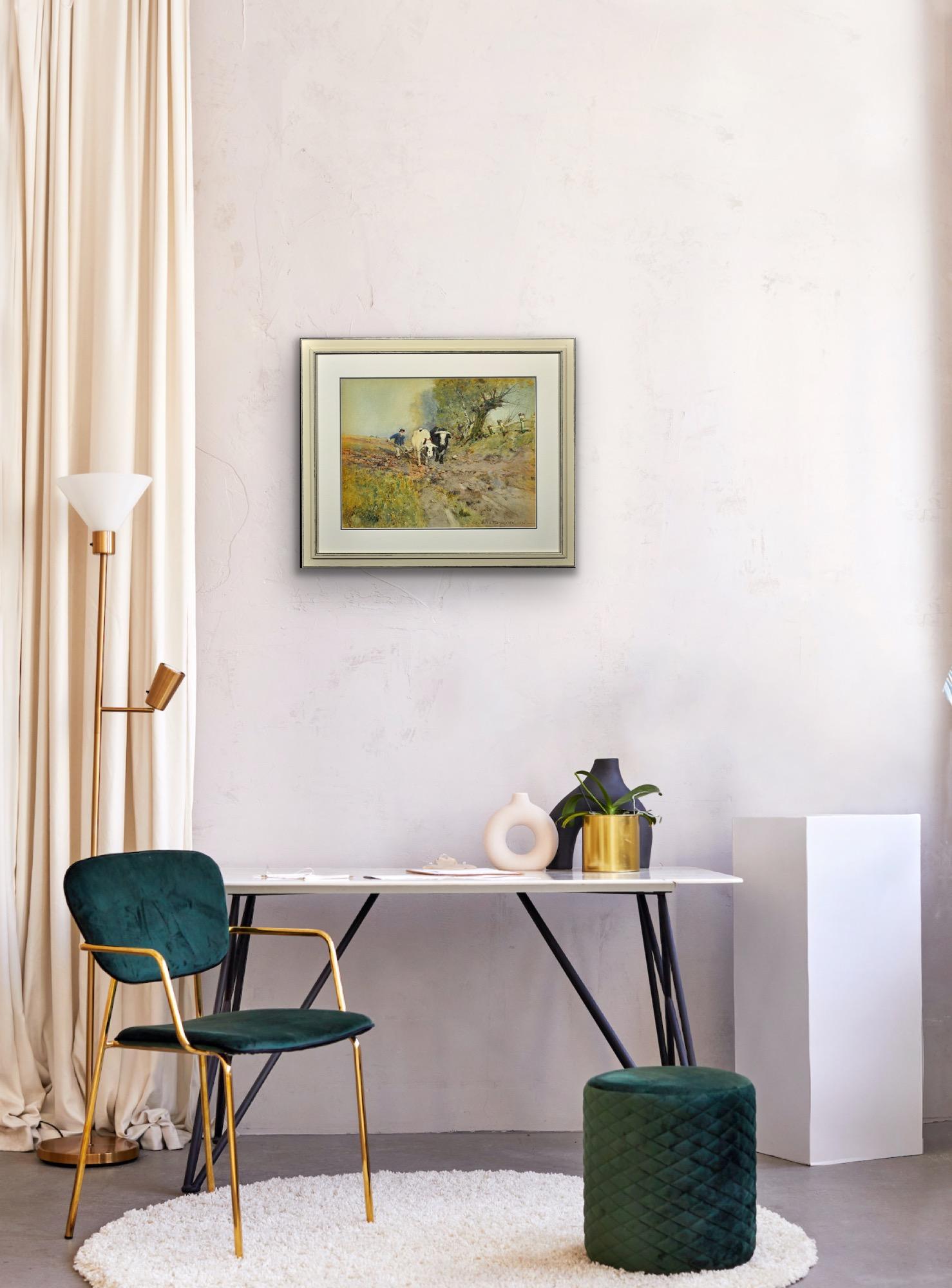 Pittura edoardiana di campagna con tori che arano nel campo e bestie da soma in vendita 13