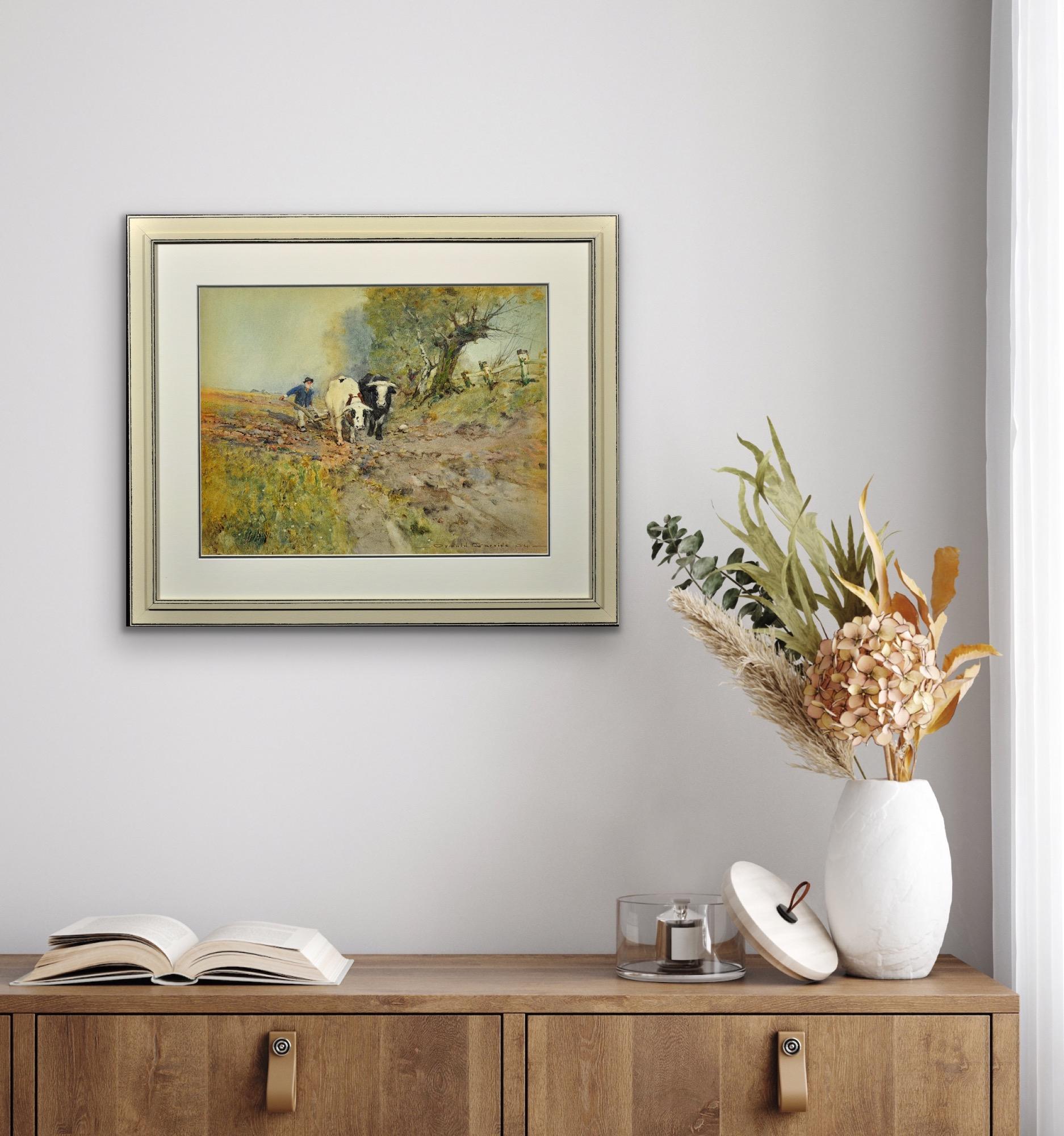 Pittura edoardiana di campagna con tori che arano nel campo e bestie da soma in vendita 14