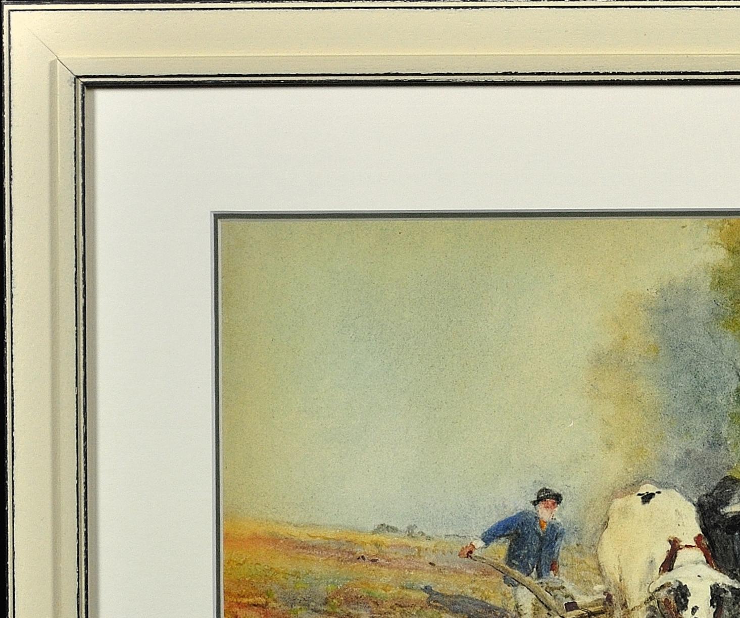 Pittura edoardiana di campagna con tori che arano nel campo e bestie da soma in vendita 15