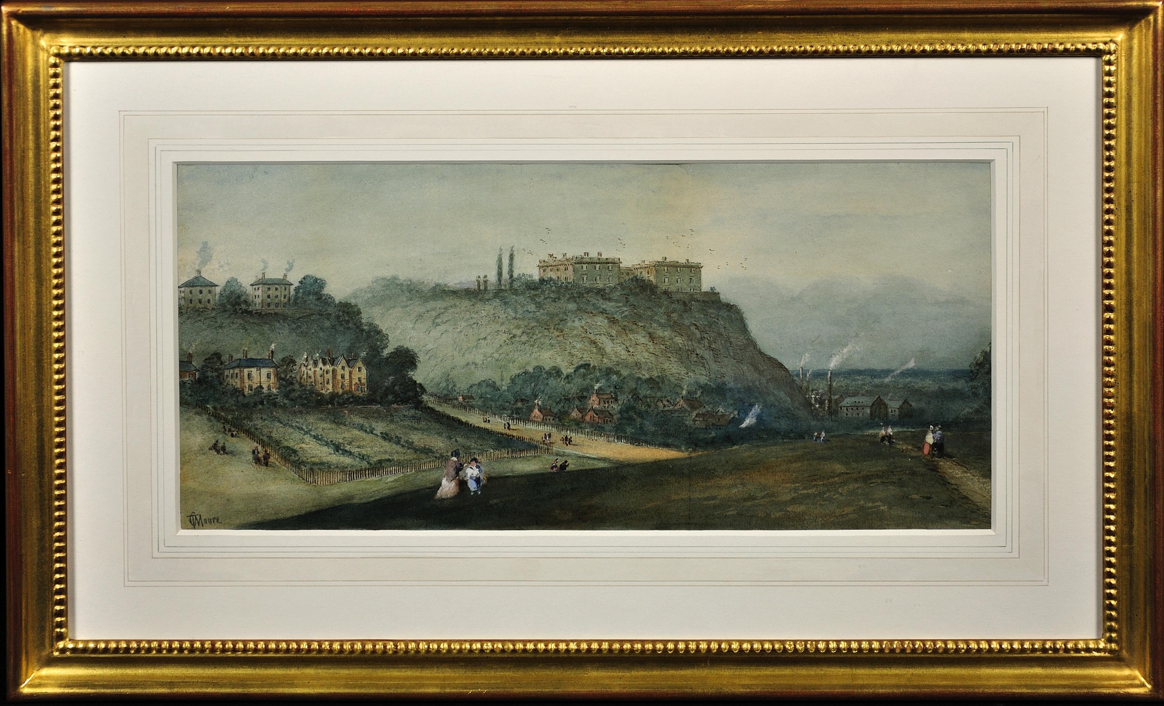 Landscape Art Thomas Cooper Moore - Prospect du château de Nottingham depuis le parc. Aquarelle originale. Victorienne.