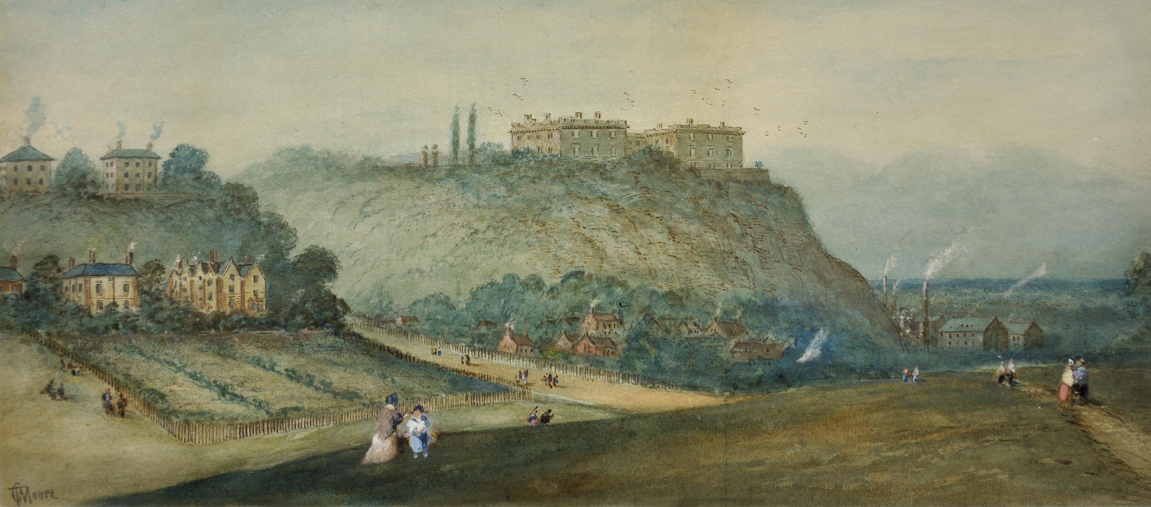 Prospect du château de Nottingham depuis le parc. Aquarelle originale. Victorienne. - Art de Thomas Cooper Moore