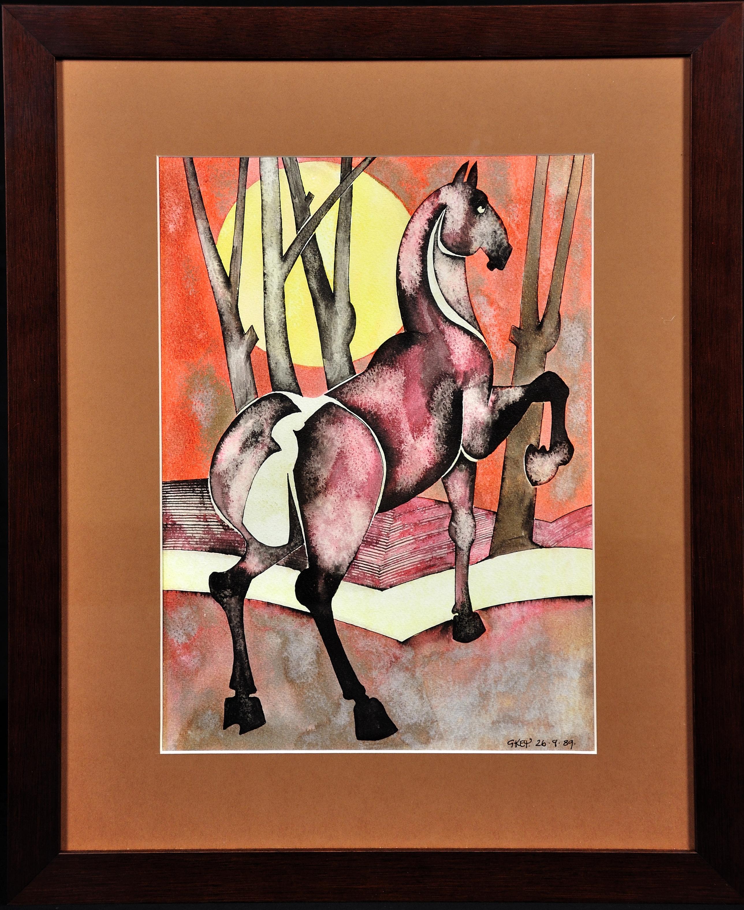 Animal Art de Geoffrey Key - Caballo Con Sol Naciente Modern British Northern Art Acuarela Estética Japonesa